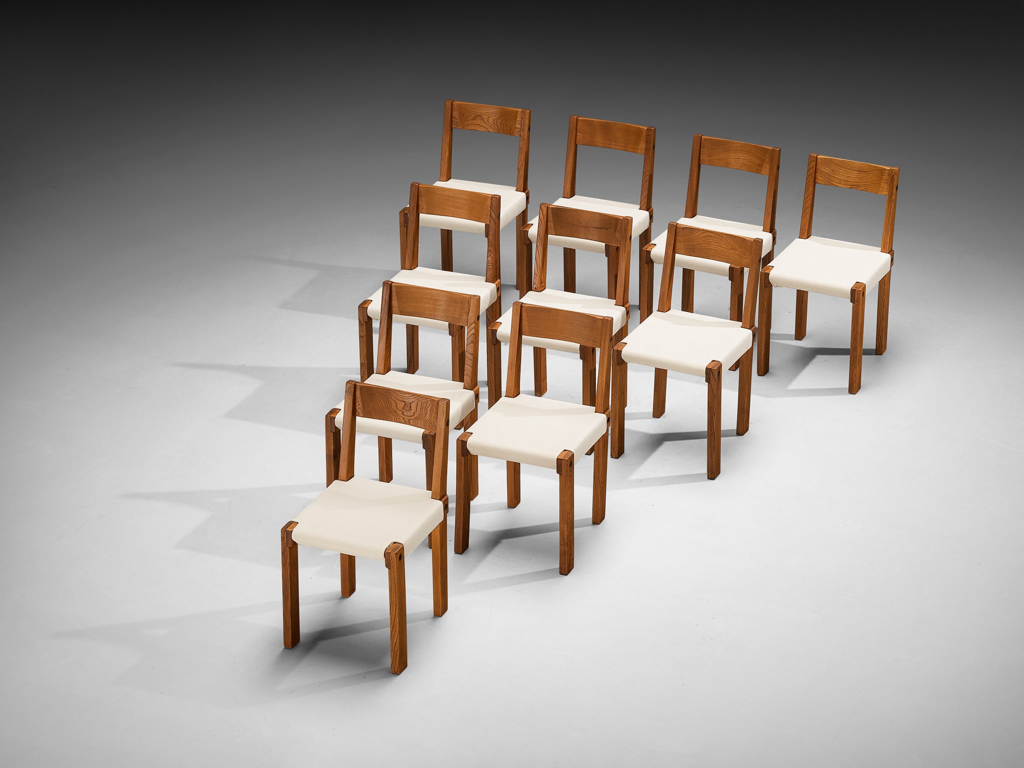 Pierre Chapo Set of Ten 'S24' Dining Chairs in Elm and Canvas Seating Morentz