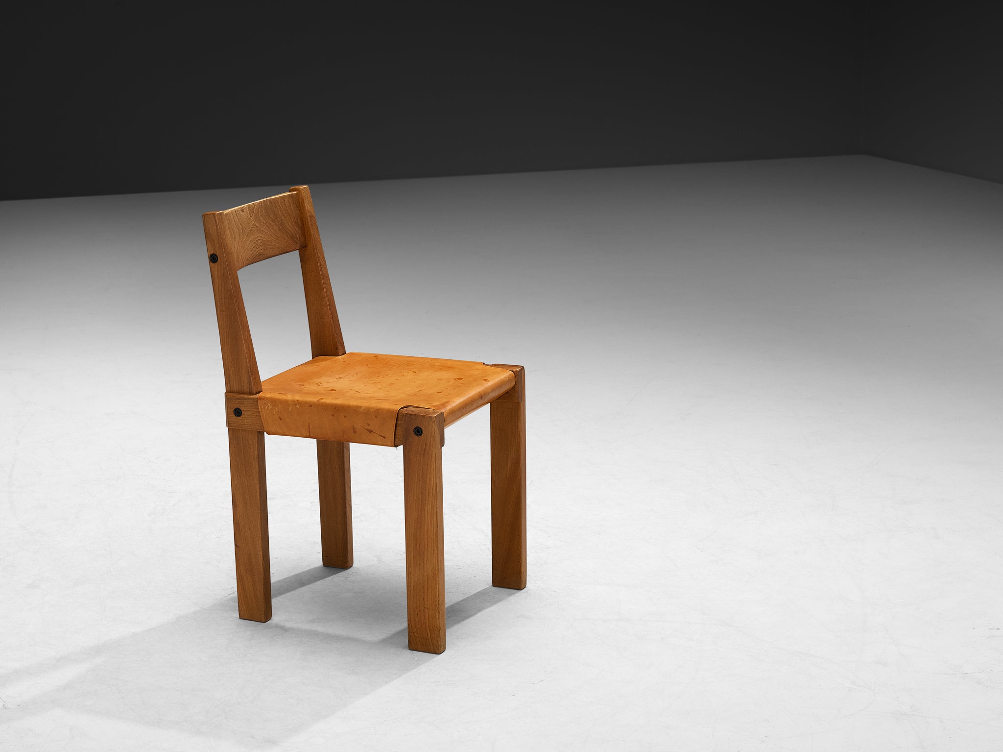 Pierre Chapo Pair of 'S24' Dining Chairs in Cognac Leather and Elm Seating Morentz