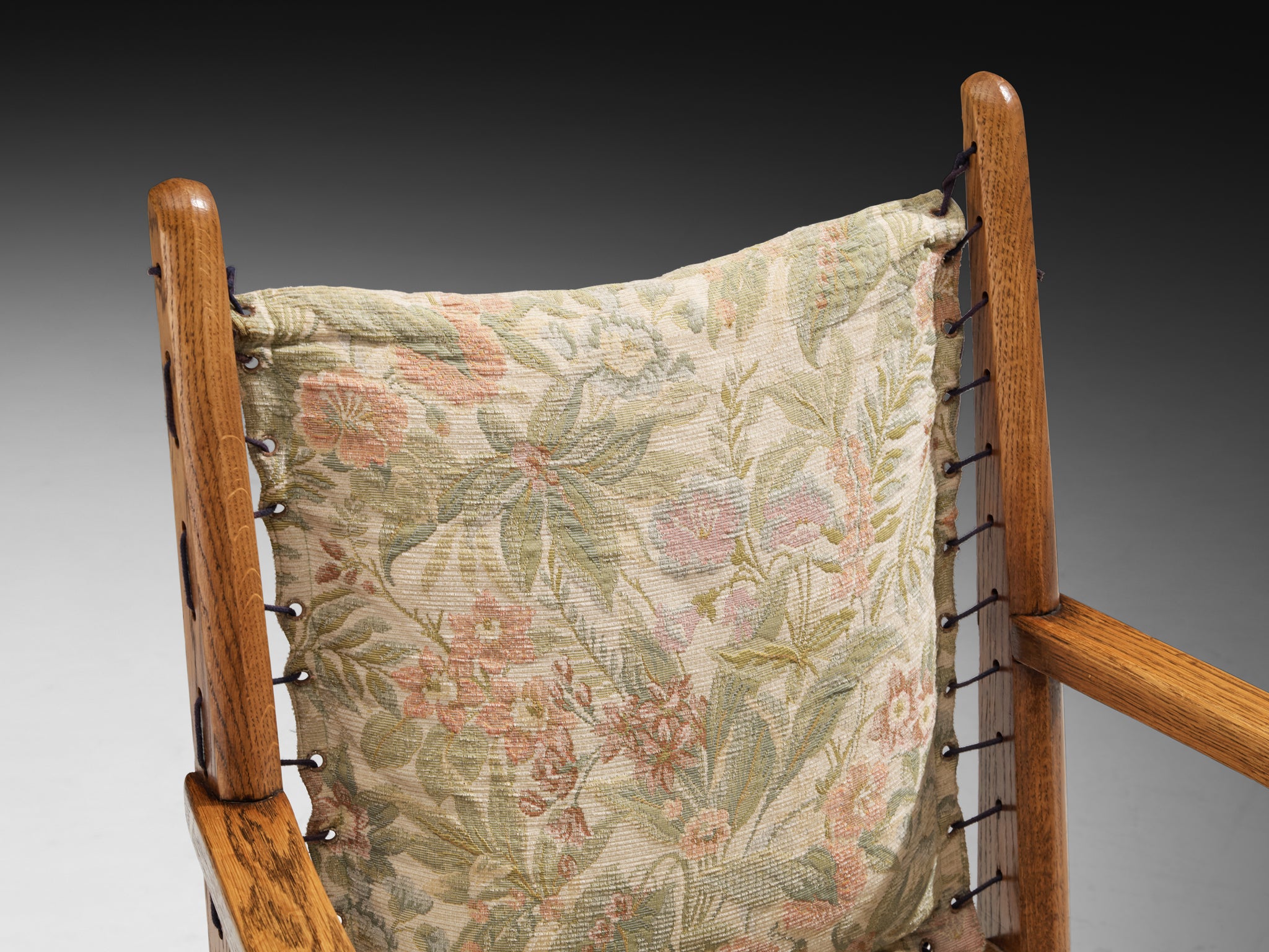 Dutch Art Deco Armchair in Solid Oak and Lace Seating Morentz