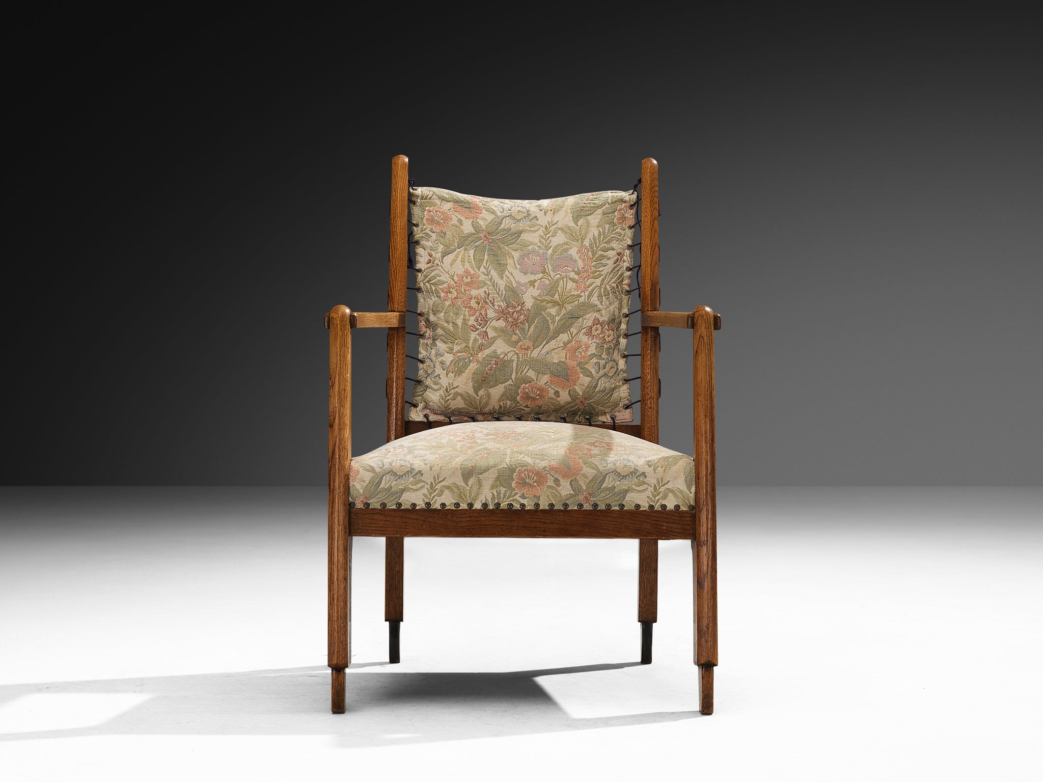 Dutch Art Deco Armchair in Solid Oak and Lace Seating Morentz