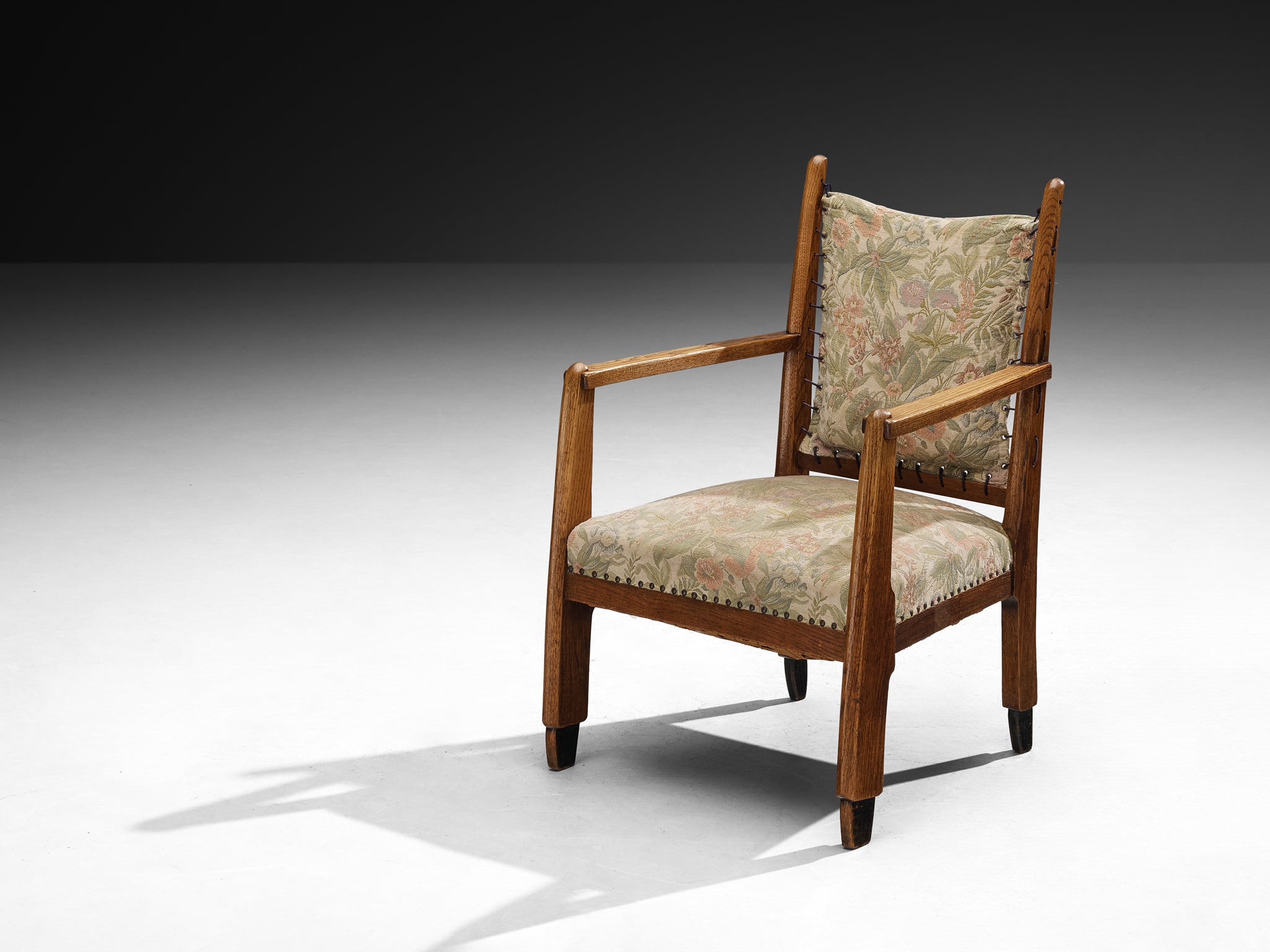 Dutch Art Deco Armchair in Solid Oak and Lace Seating Morentz