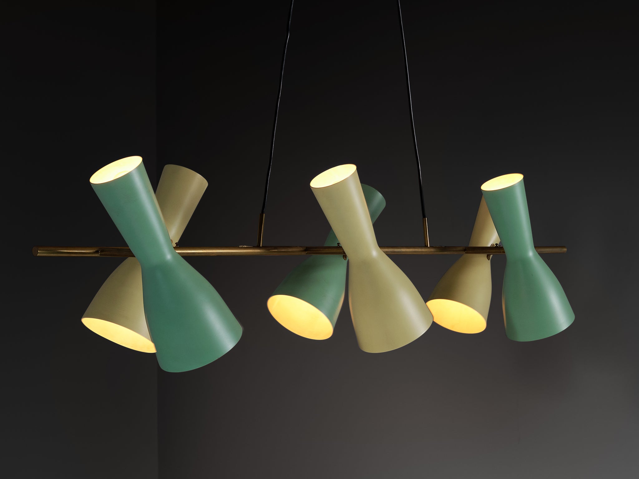 Rare Stilnovo Large Chandelier in Brass with Mint Green and Pastel Yellow Shades