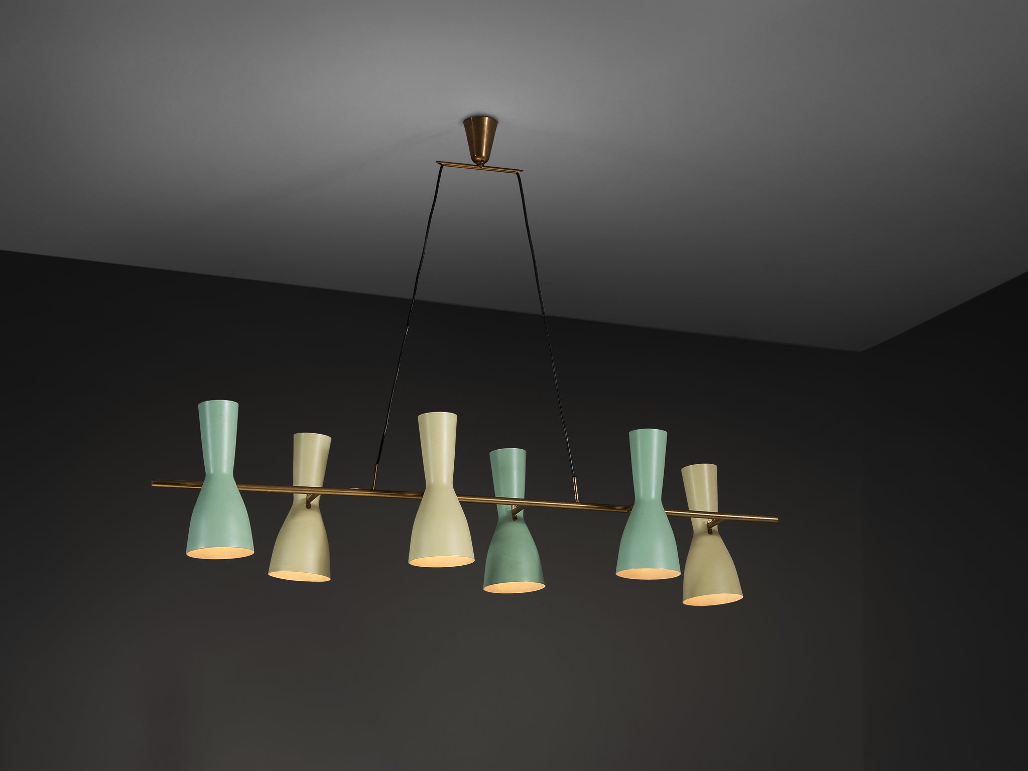 Rare Stilnovo Large Chandelier in Brass with Mint Green and Pastel Yellow Shades Lighting Morentz