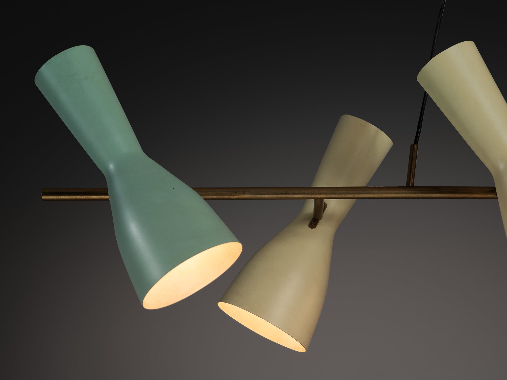 Rare Stilnovo Large Chandelier in Brass with Mint Green and Pastel Yellow Shades Lighting Morentz