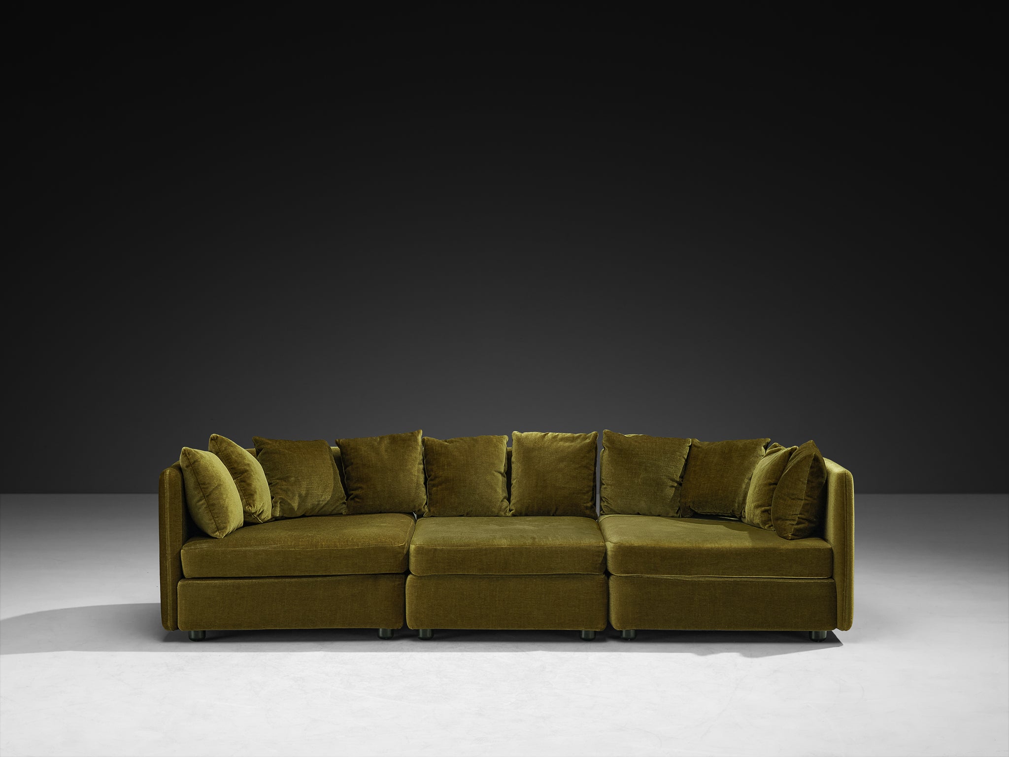 1970s Streamlined Sectional Sofa and Lounge Chair in Olive Green Velvet Seating Morentz