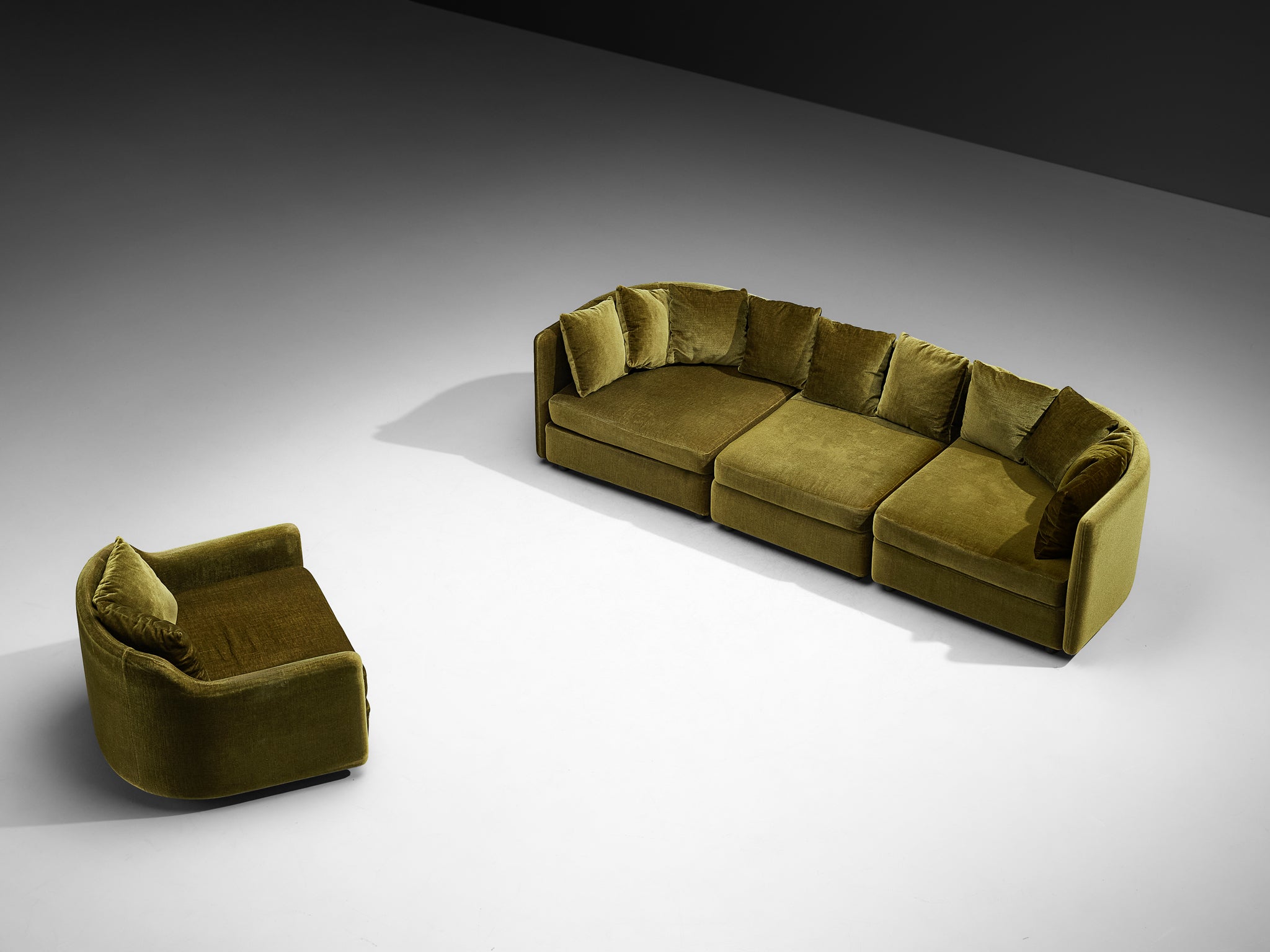 1970s Streamlined Sectional Sofa and Lounge Chair in Olive Green Velvet Seating Morentz