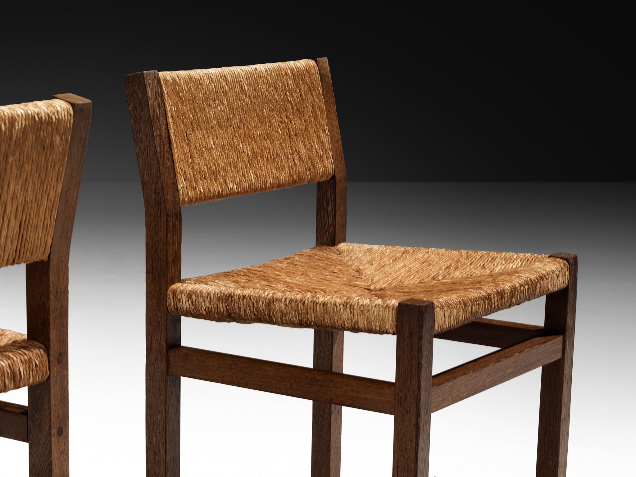 Martin Visser for 't Spectrum Set of Four Dining Chairs in Wenge and Straw Seating Morentz