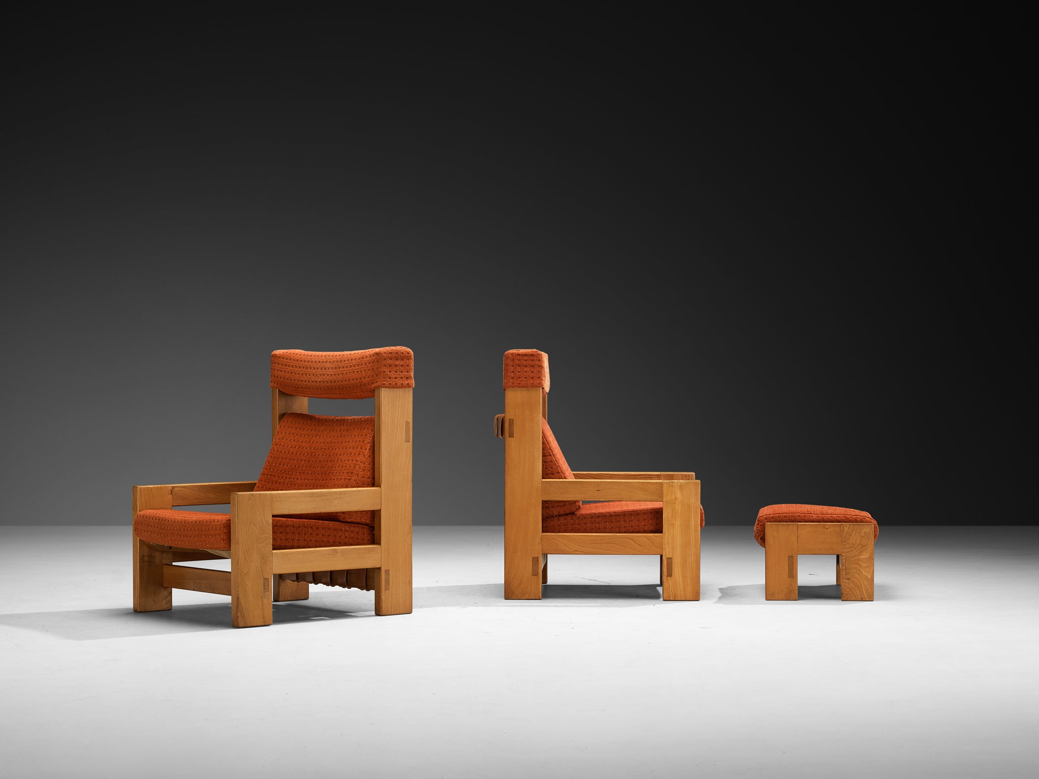 Pair of Mid-Century Modern French Lounge Chairs and Ottoman in Solid Elm Seating Morentz