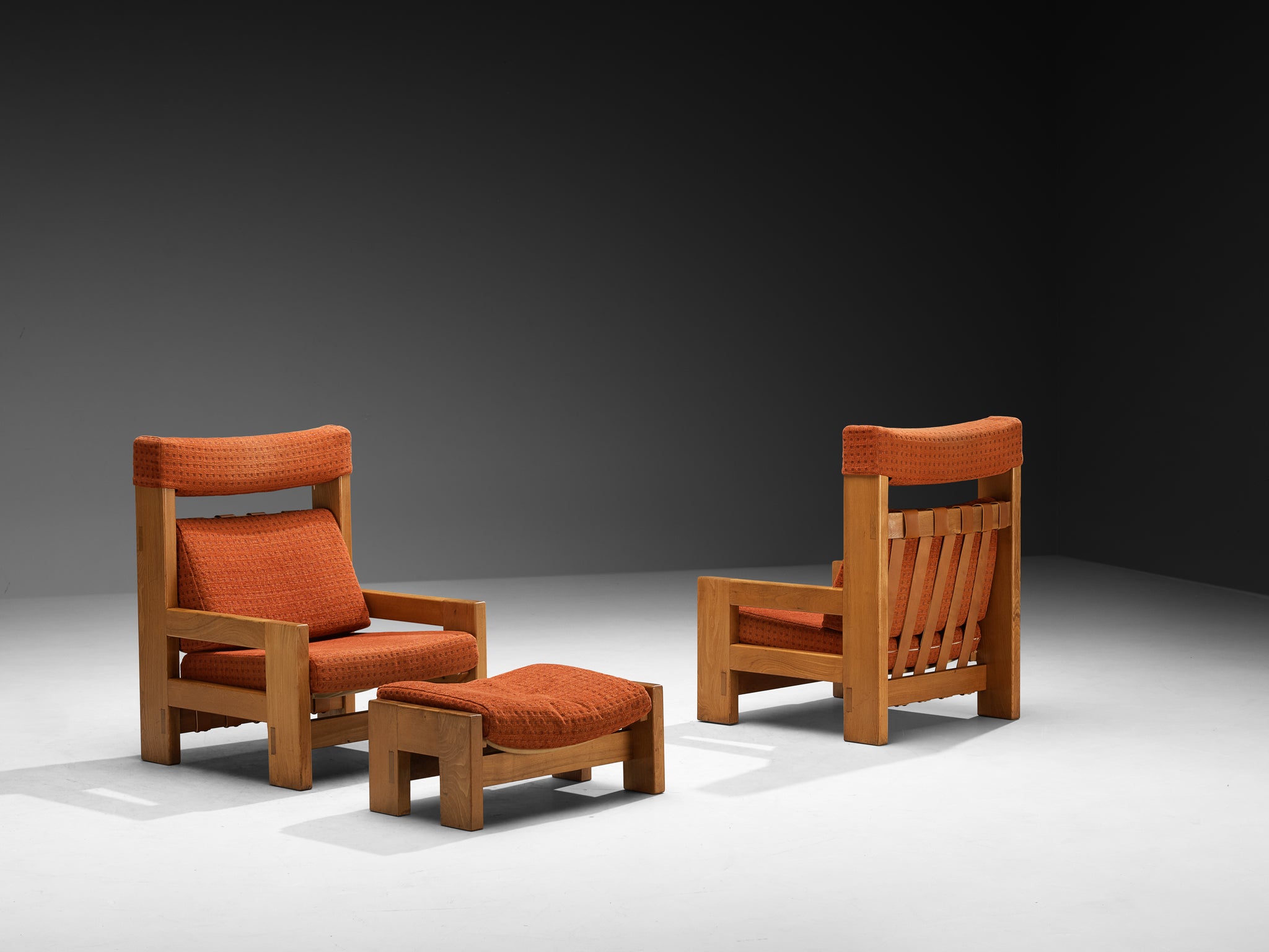 Pair of Mid-Century Modern French Lounge Chairs and Ottoman in Solid Elm Seating Morentz