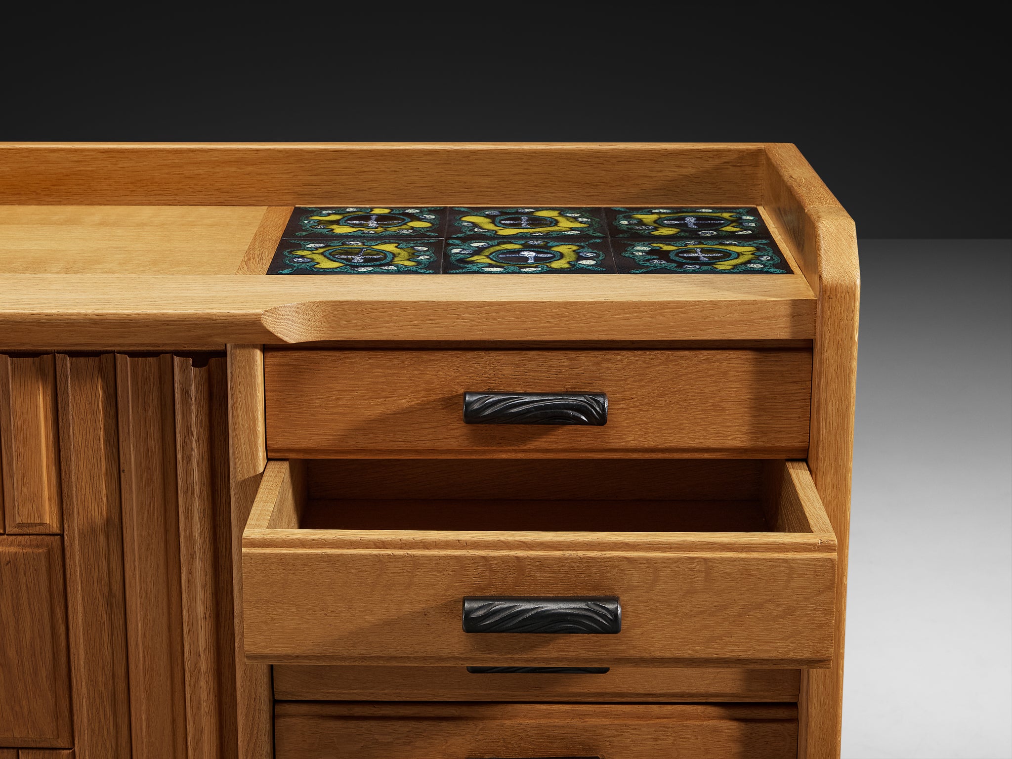 Guillerme & Chambron Carved Sideboard in Solid Oak and Ceramic