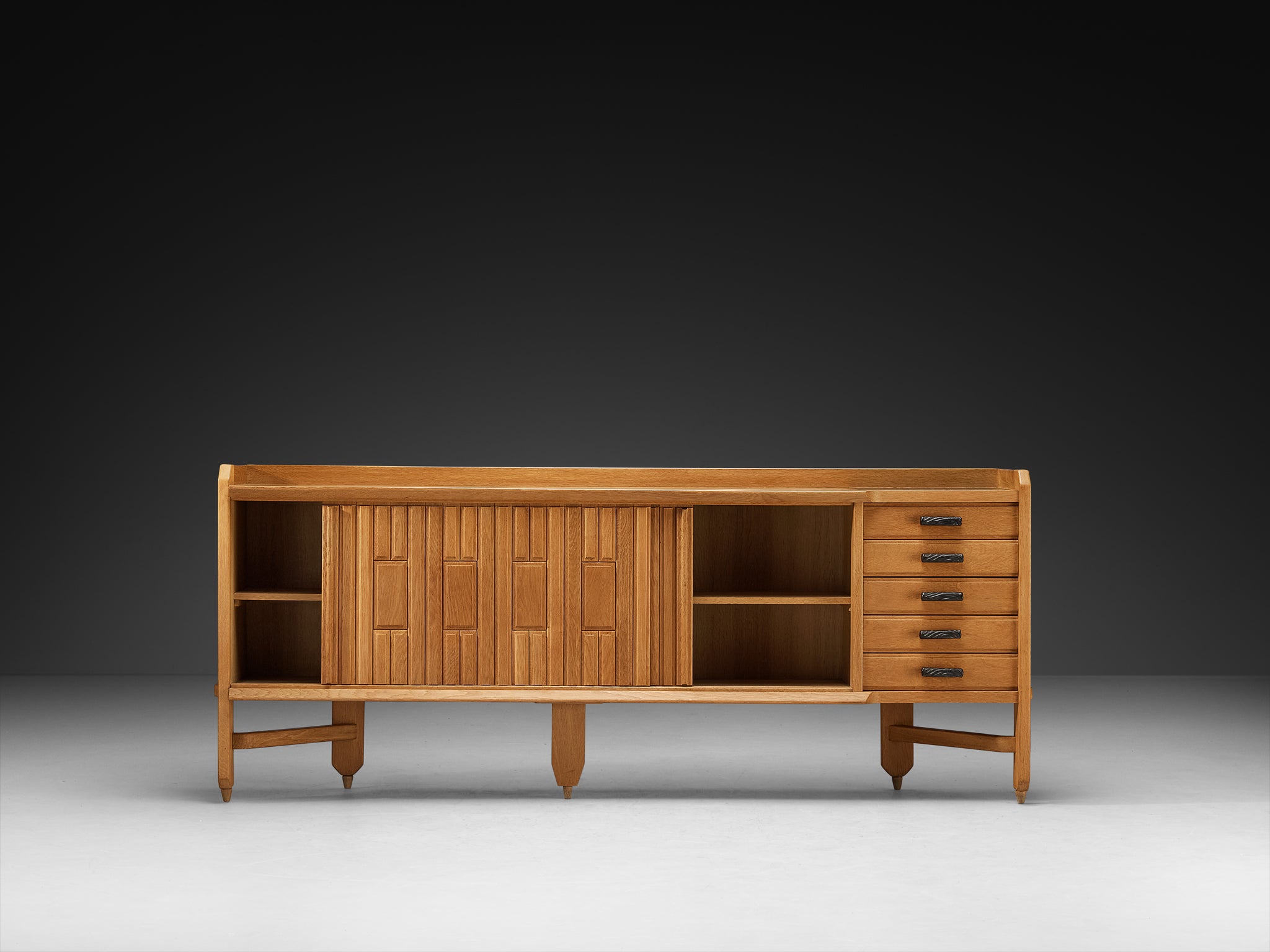 Guillerme & Chambron Carved Sideboard in Solid Oak and Ceramic