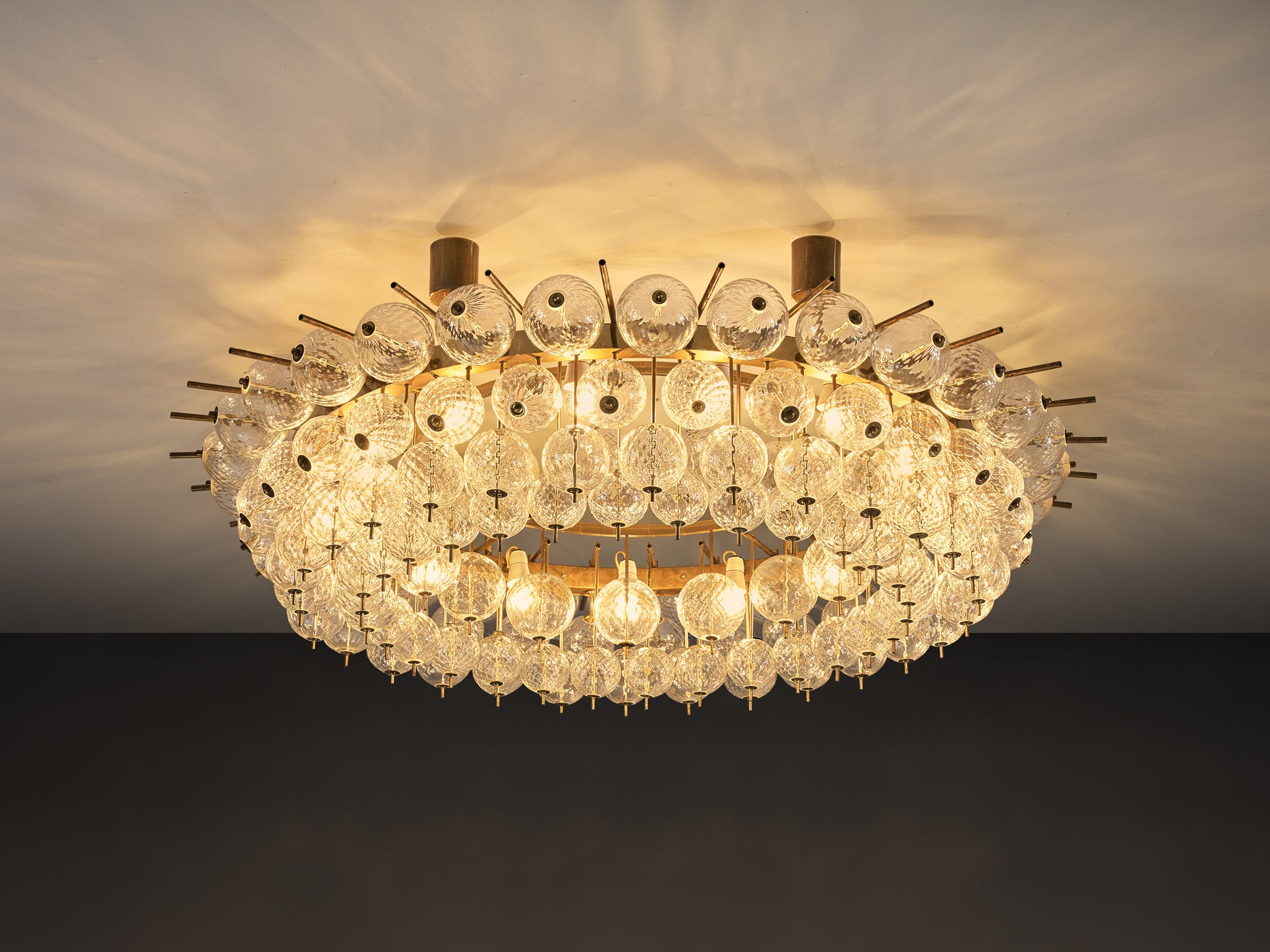Grand Chandelier in Brass and Ribbed Glass Spheres 153cm/60in