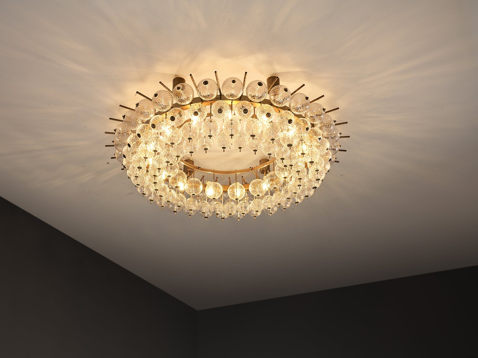 Grand Chandelier in Brass and Ribbed Glass Spheres 153cm/60in