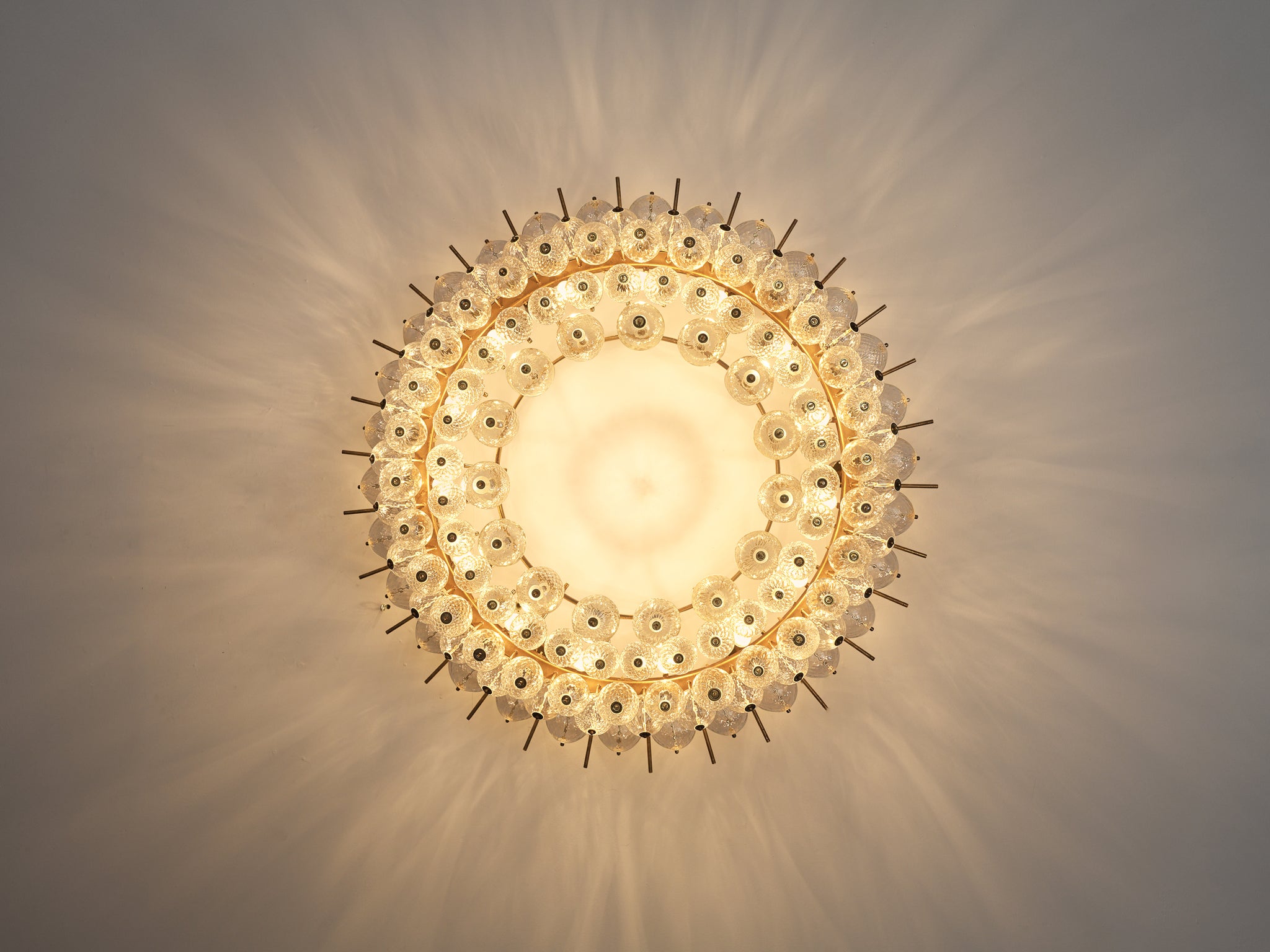 Grand Chandelier in Brass and Ribbed Glass Spheres 153cm/60in
