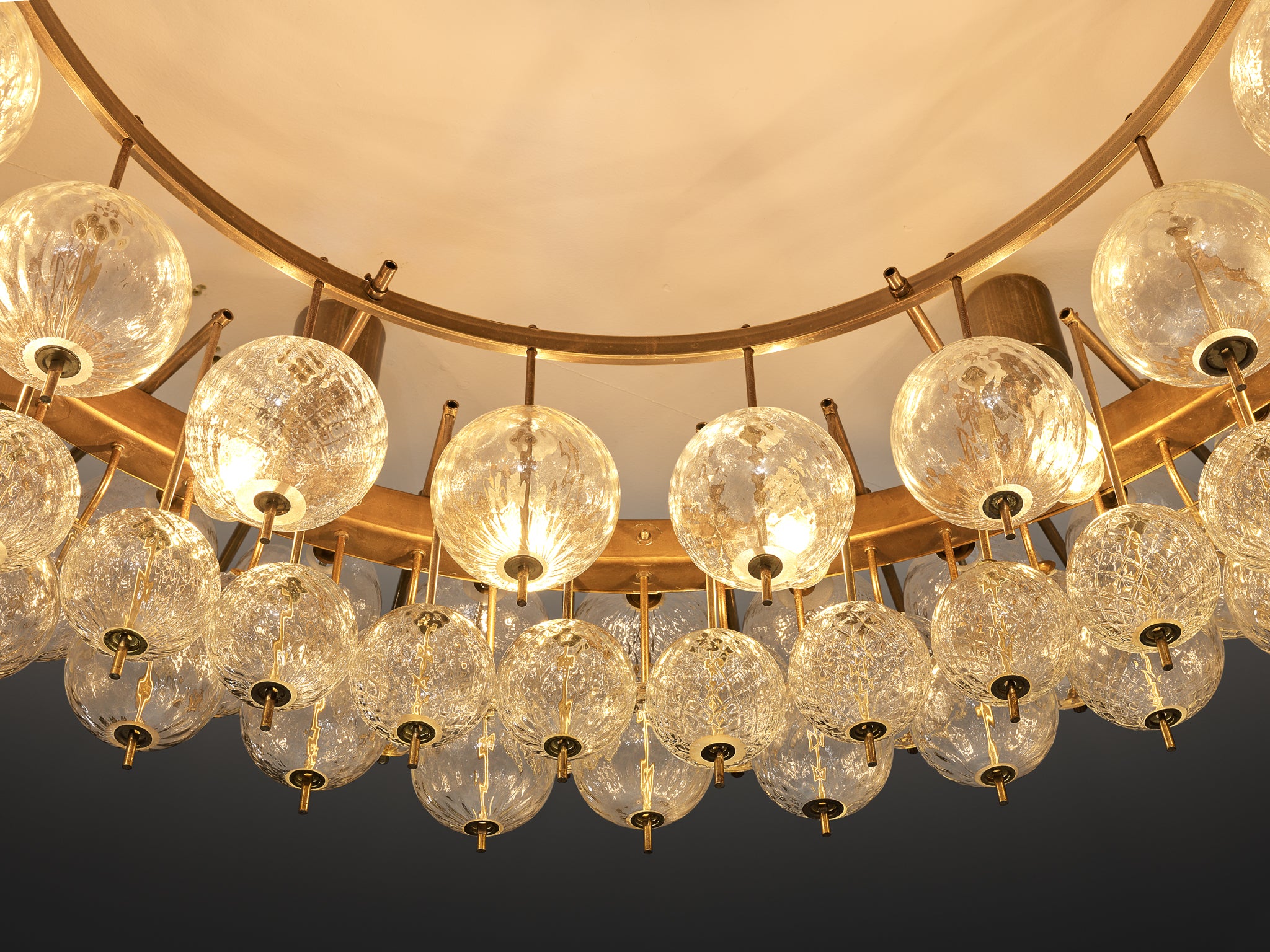 Grand Chandelier in Brass and Ribbed Glass Spheres 153cm/60in