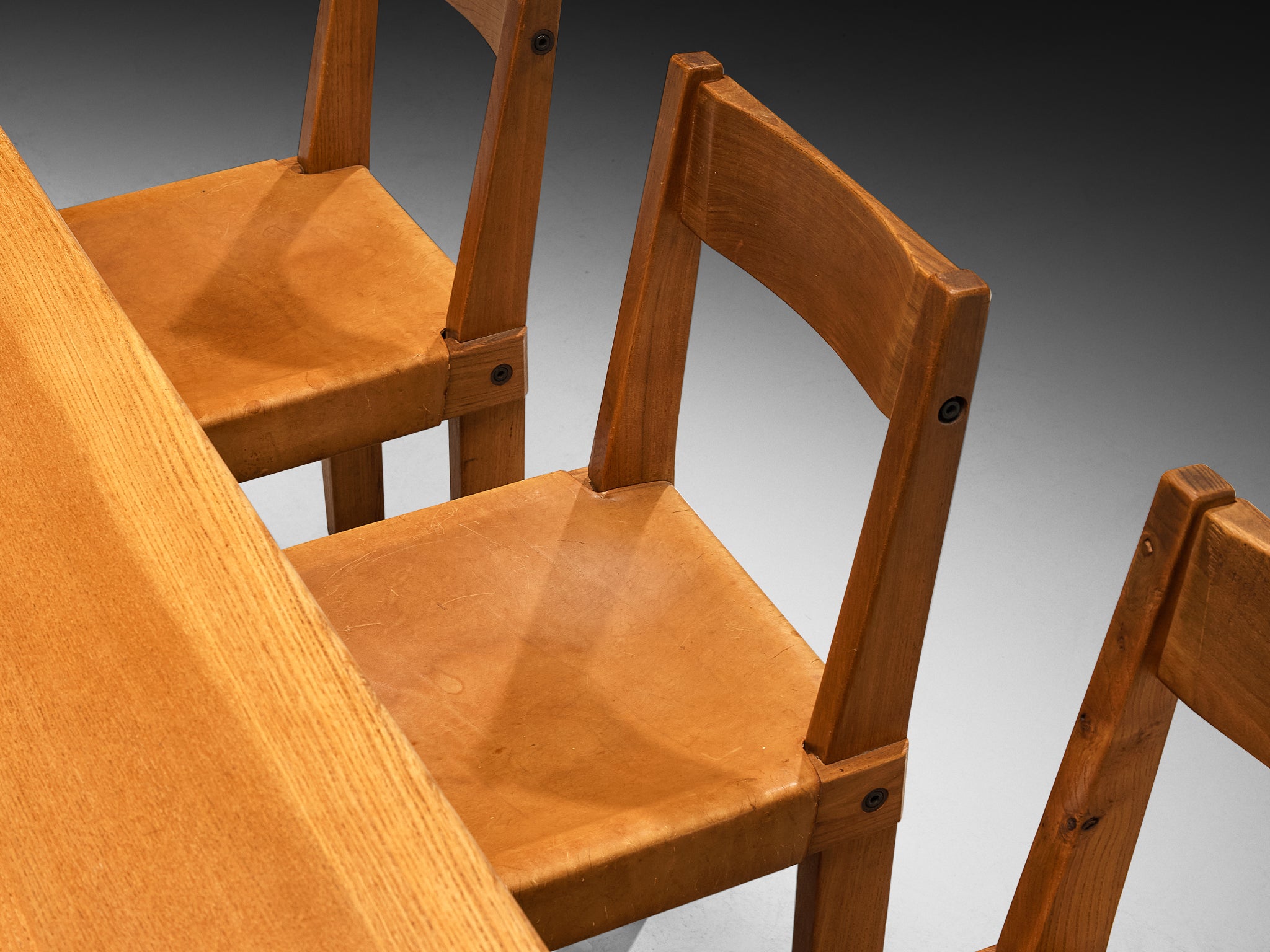 Pierre Chapo Dining Set with 'T14D' Table and 'S24' Chairs in Elm and Leather