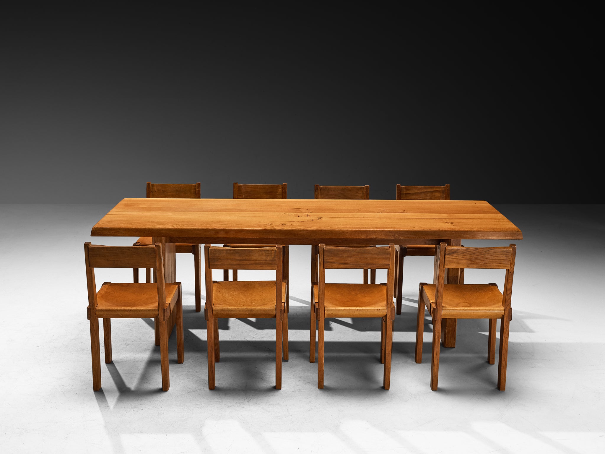 Pierre Chapo Dining Set with 'T14D' Table and 'S24' Chairs in Elm and Leather Tables Morentz
