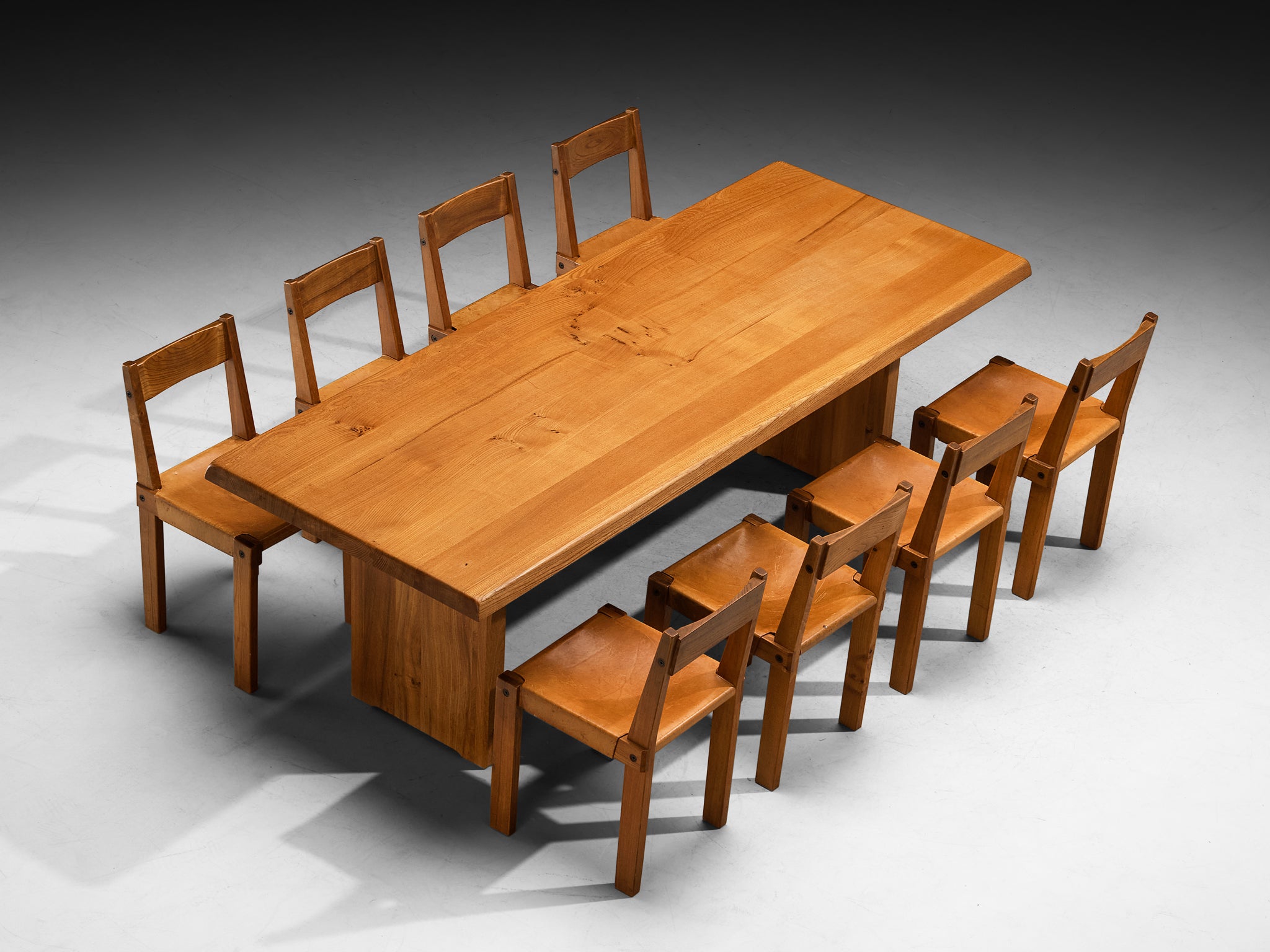 Pierre Chapo Dining Set with 'T14D' Table and 'S24' Chairs in Elm and Leather