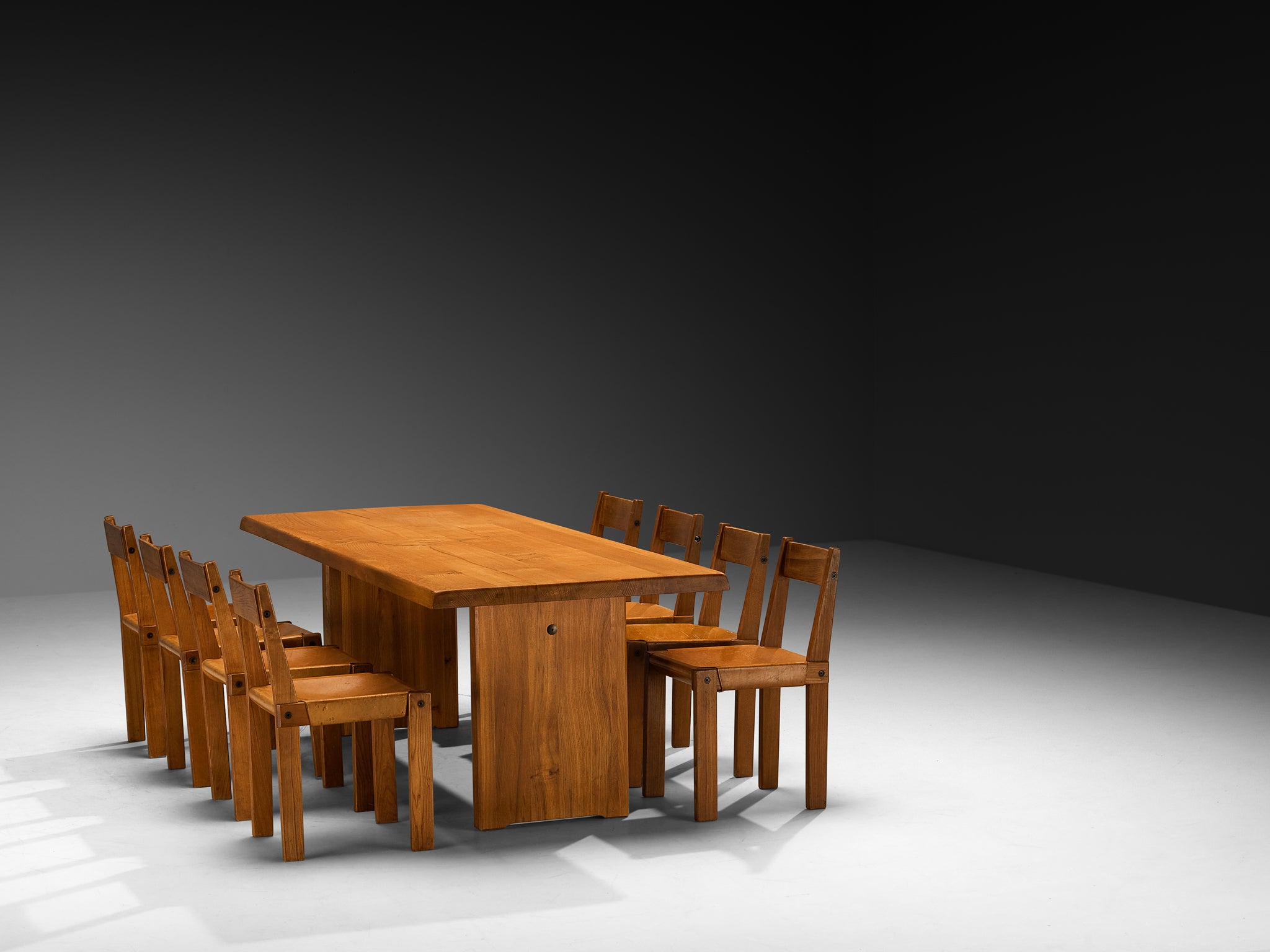 Pierre Chapo Dining Set with 'T14D' Table and 'S24' Chairs in Elm and Leather Tables Morentz