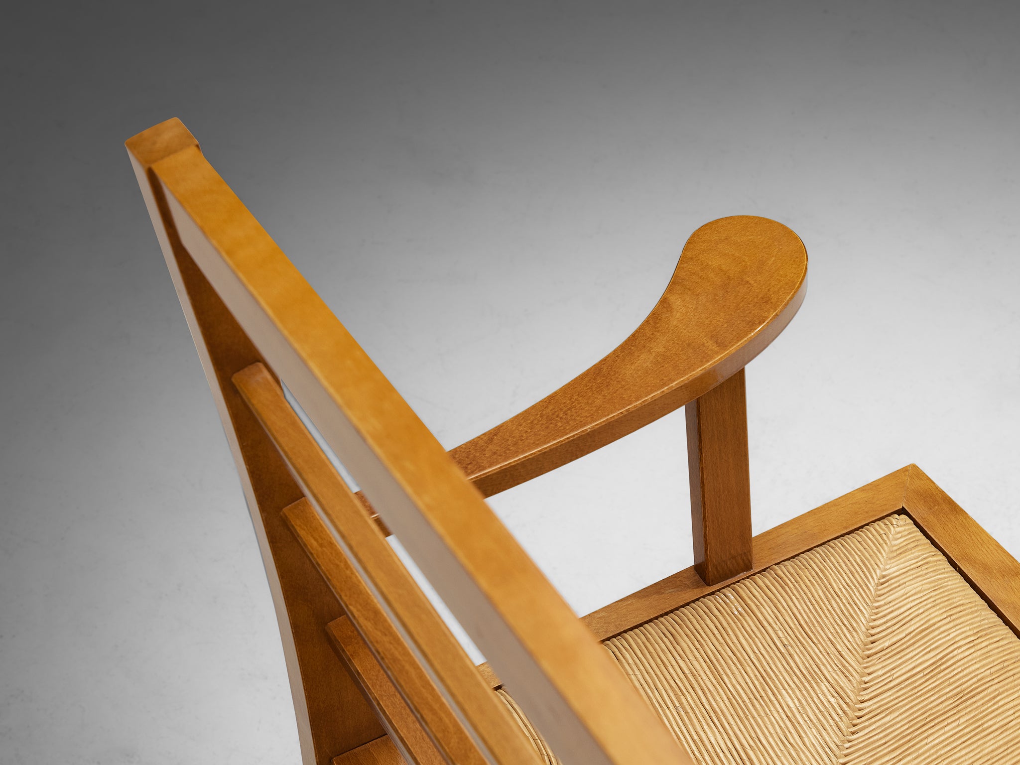 Mid-Century Modern French Bench in Warm Wood and Rush Seating Morentz