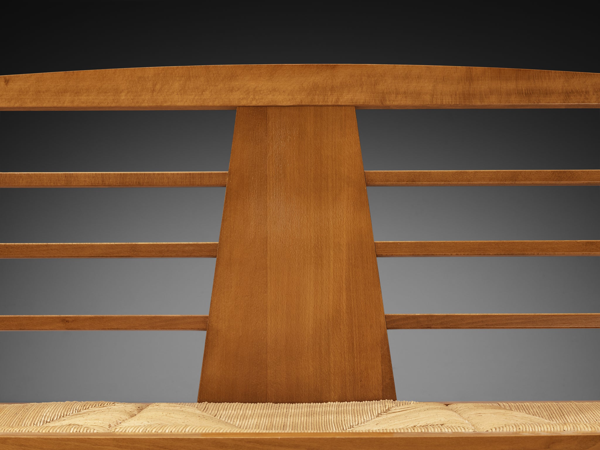 Mid-Century Modern French Bench in Warm Wood and Rush Seating Morentz