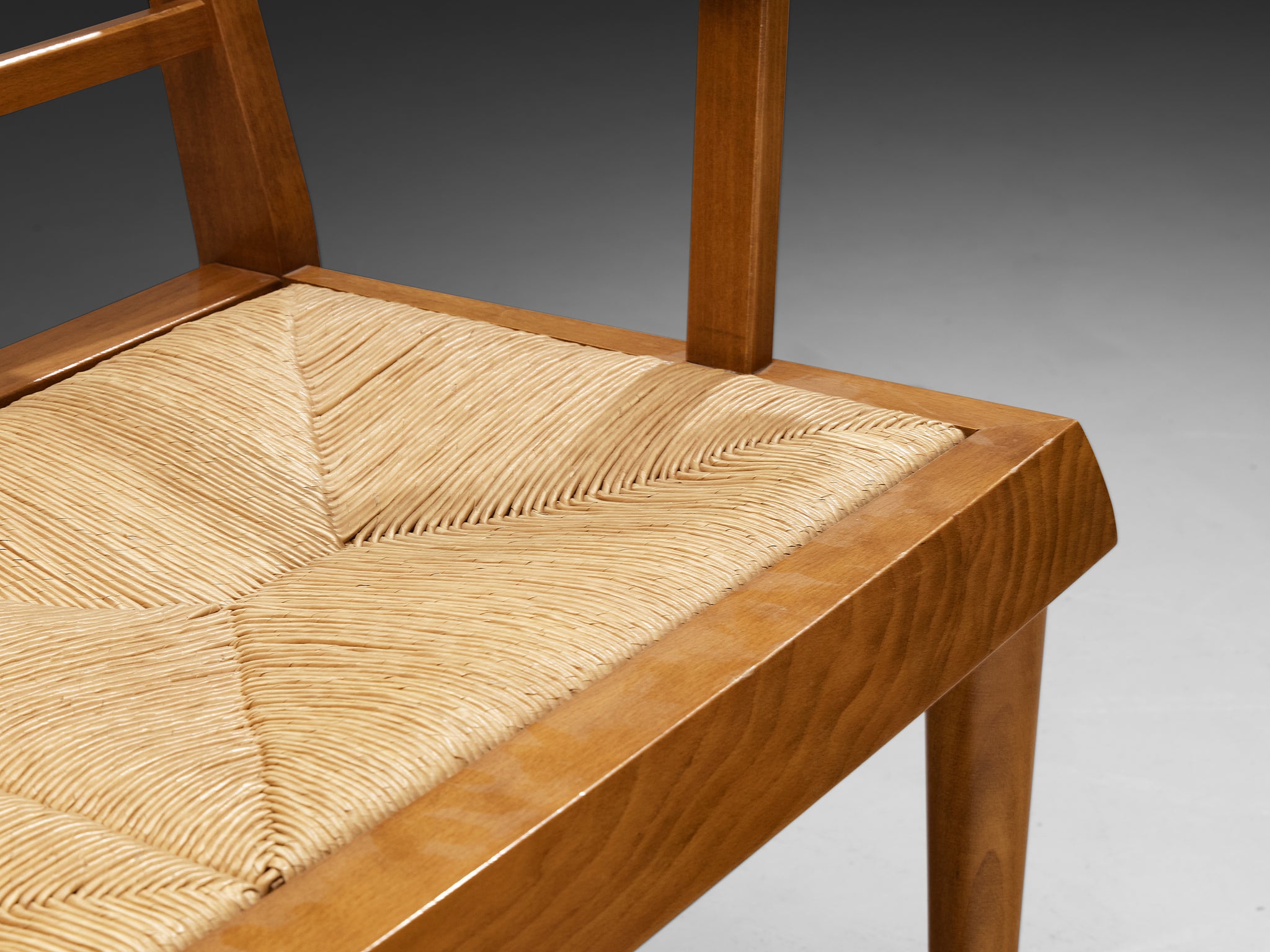 Mid-Century Modern French Bench in Warm Wood and Rush Seating Morentz