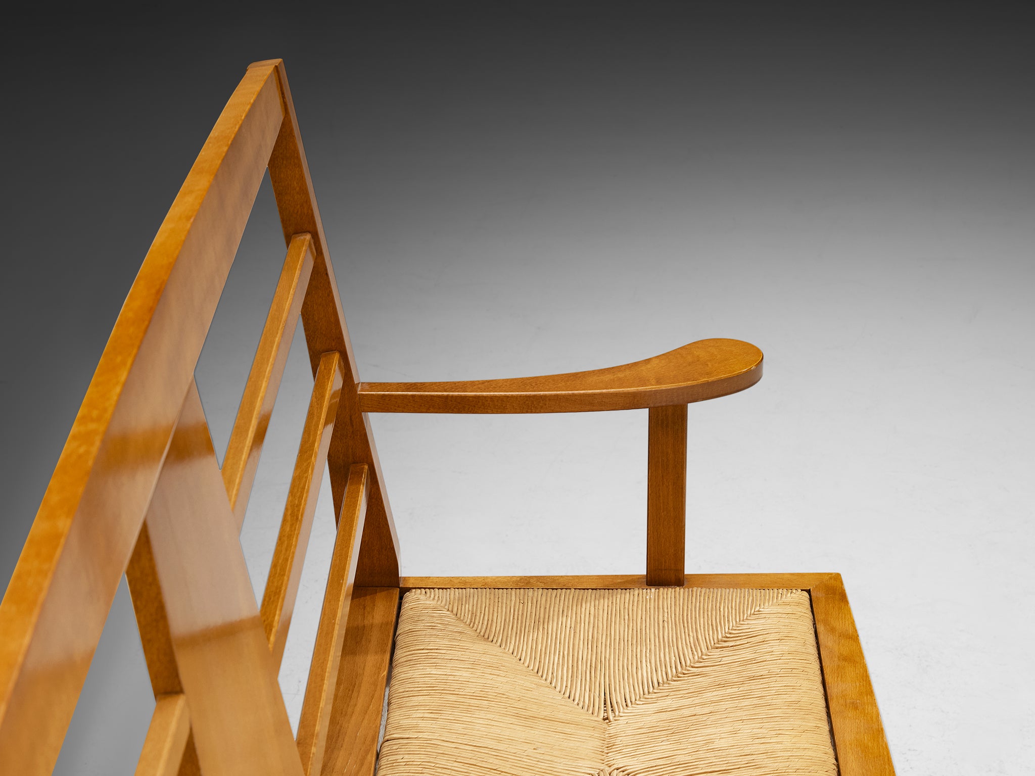 Mid-Century Modern French Bench in Warm Wood and Rush Seating Morentz