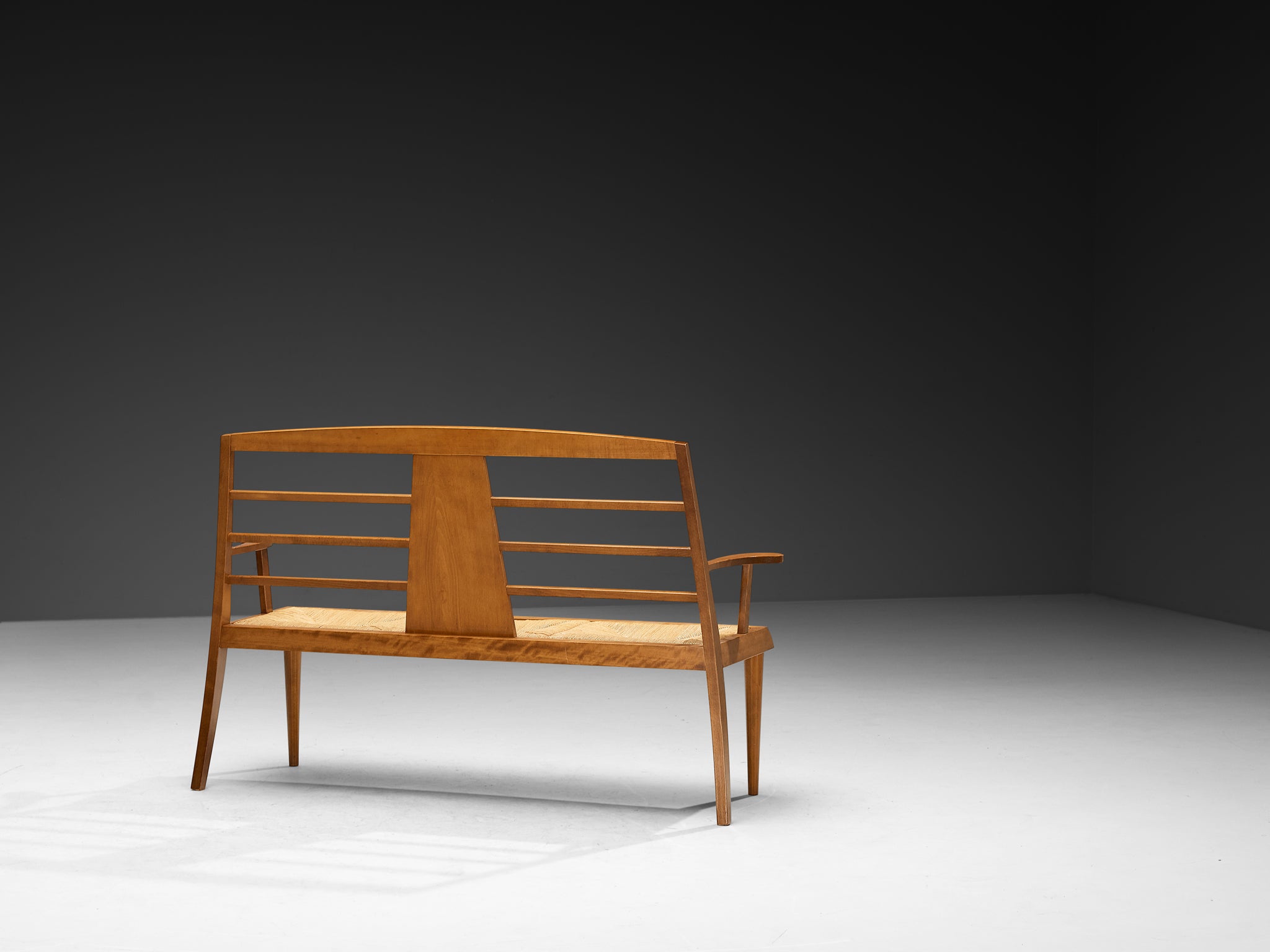 Mid-Century Modern French Bench in Warm Wood and Rush Seating Morentz