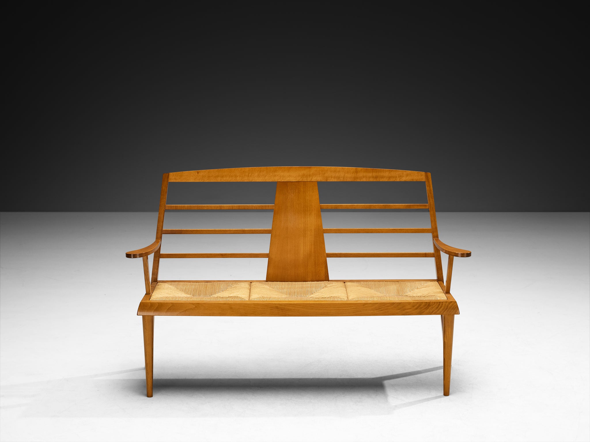 Mid-Century Modern French Bench in Warm Wood and Rush Seating Morentz