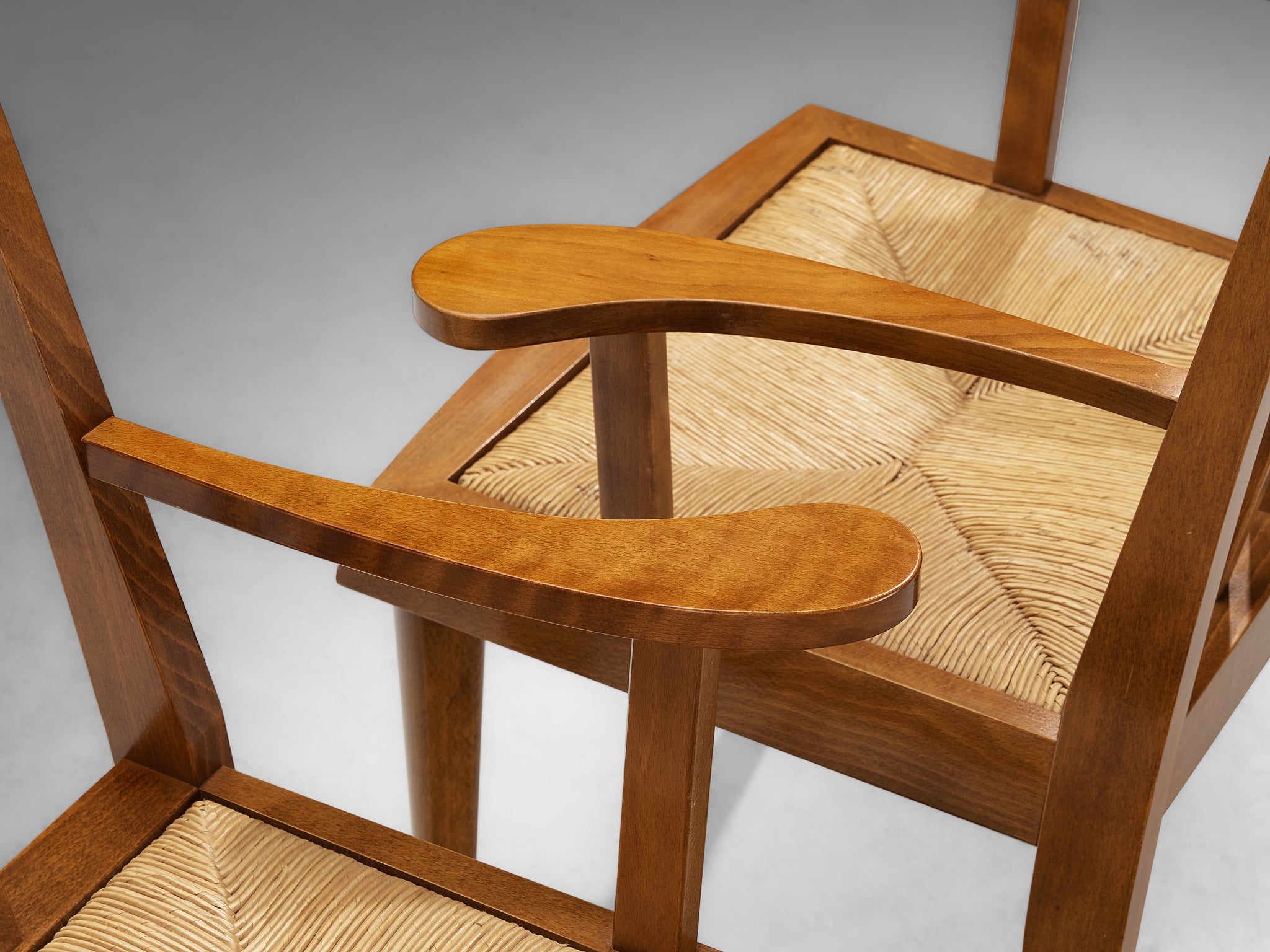 Pair of Mid-Century Modern French Armchairs in Warm Wood and Rush Seating Morentz