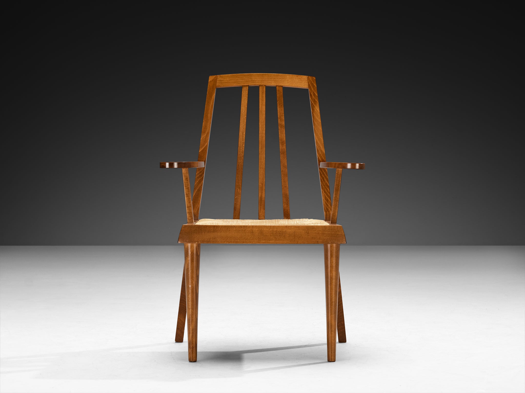 Pair of Mid-Century Modern French Armchairs in Warm Wood and Rush Seating Morentz