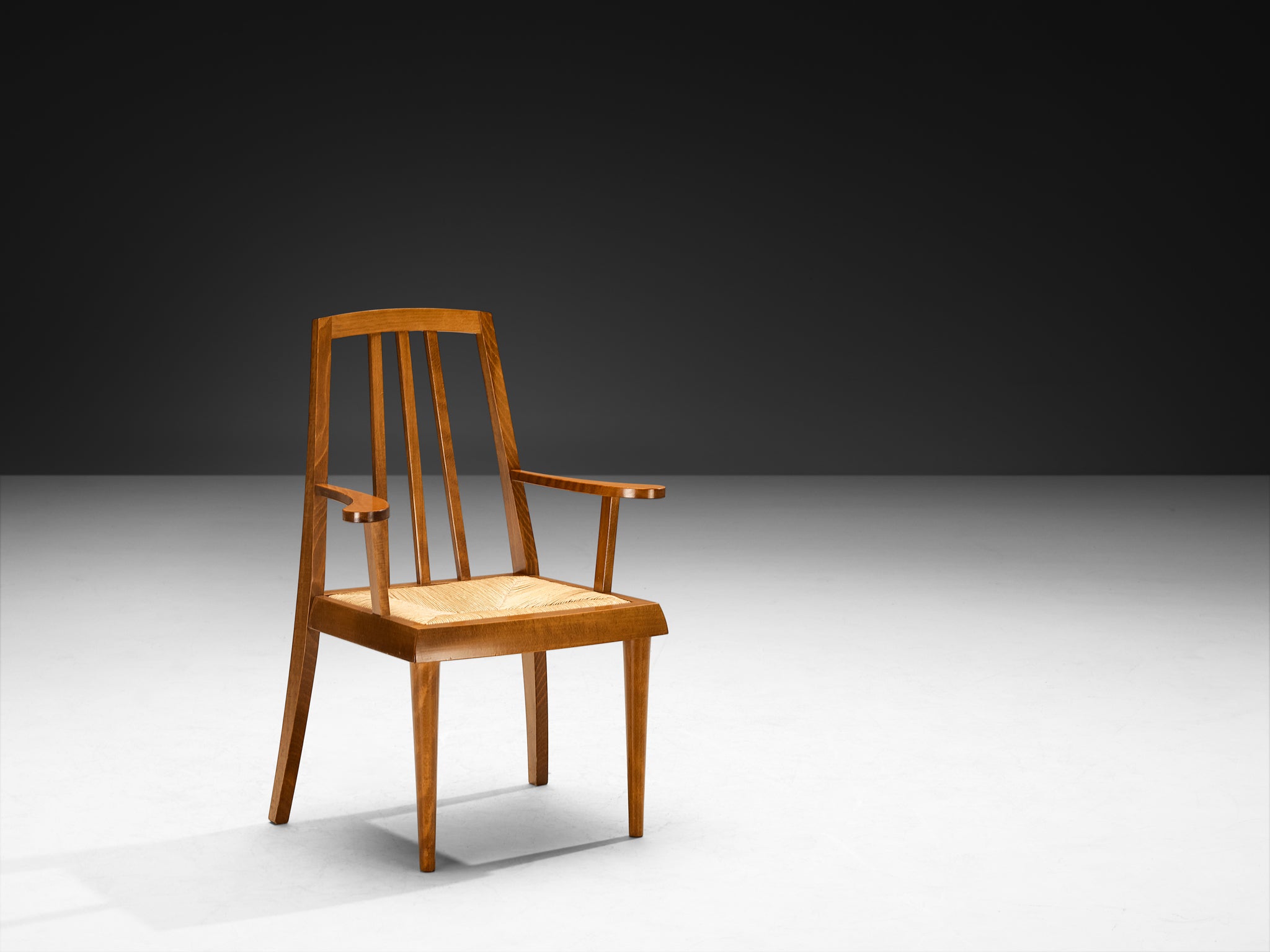 Pair of Mid-Century Modern French Armchairs in Warm Wood and Rush Seating Morentz