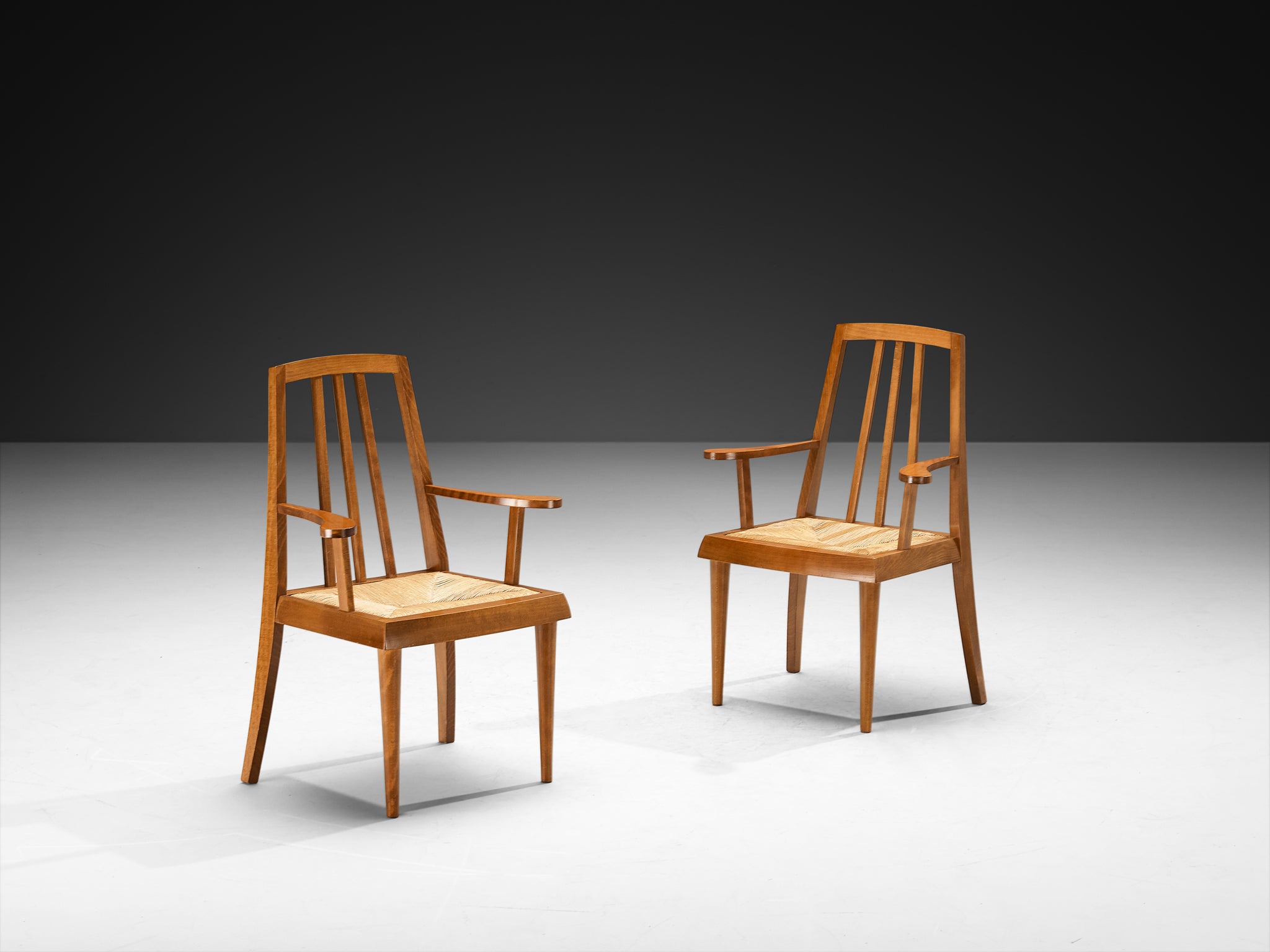 Pair of Mid-Century Modern French Armchairs in Warm Wood and Rush Seating Morentz