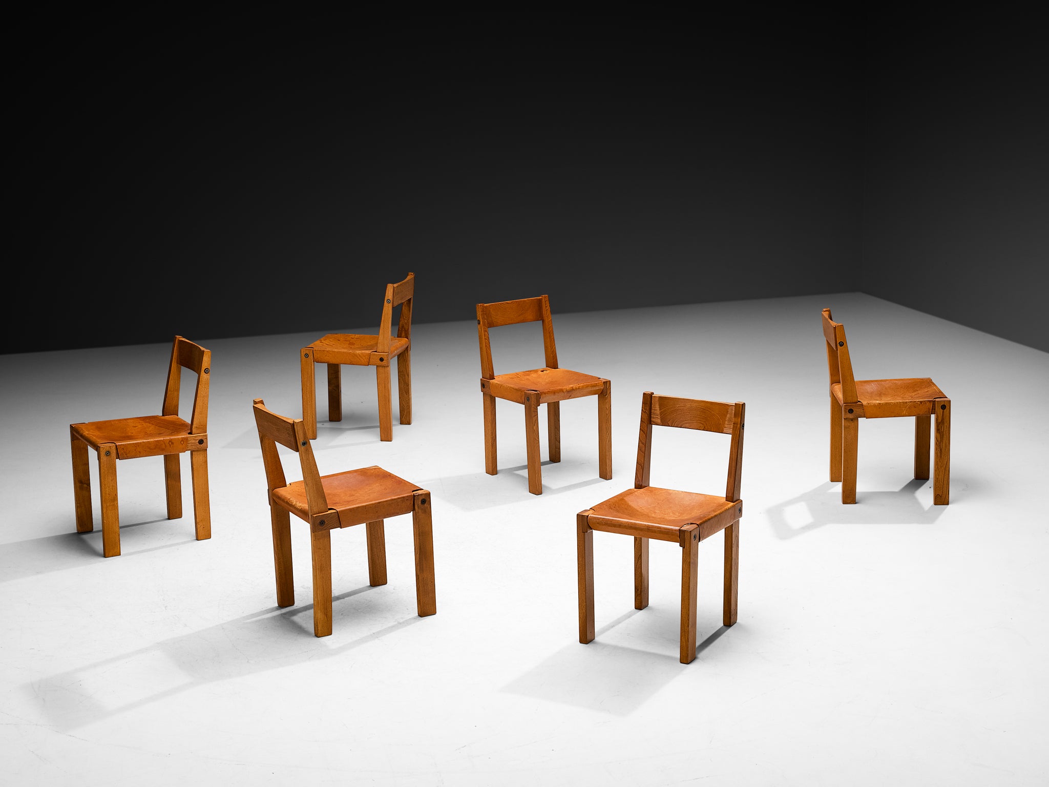 Early Pierre Chapo 'S24' Set of Six Dining Chairs in Cognac Leather and Elm