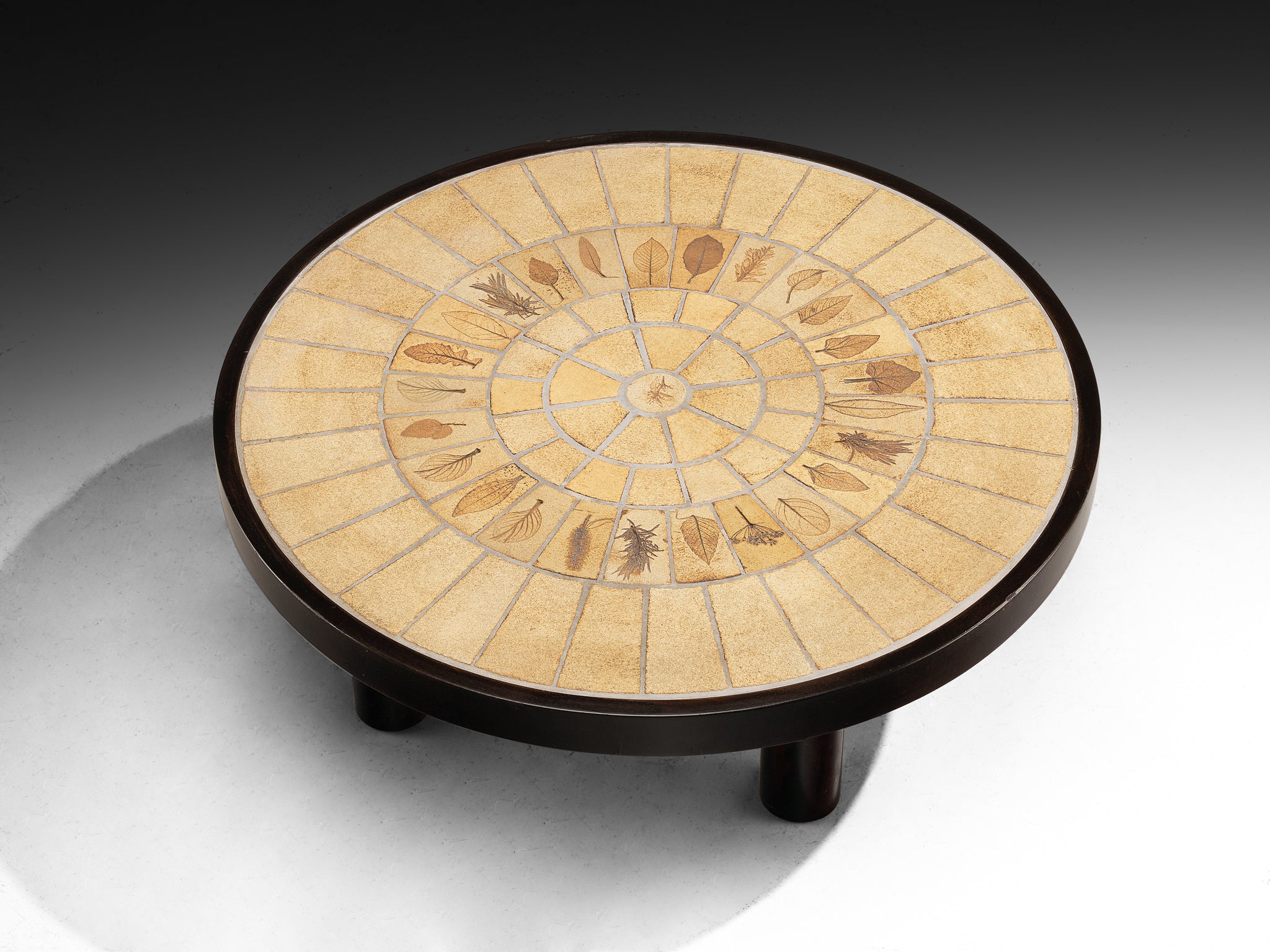 Roger Capron Round Coffee Table with Fauna Imprints in Ceramic and Wood Tables Morentz