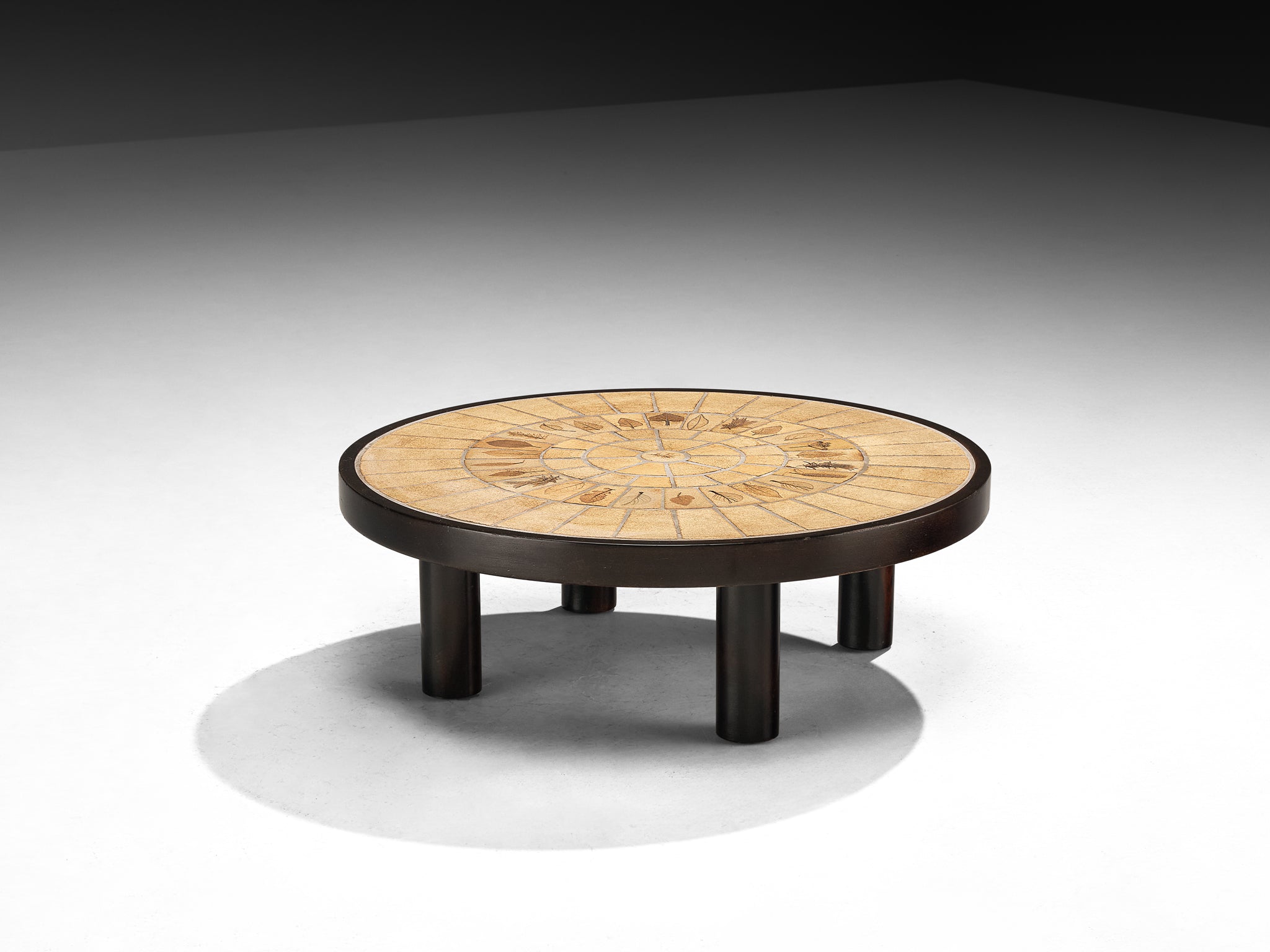 Roger Capron Round Coffee Table with Fauna Imprints in Ceramic and Wood Tables Morentz