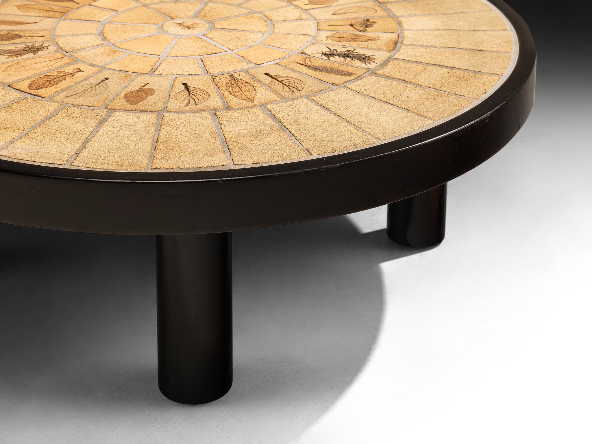 Roger Capron Round Coffee Table with Fauna Imprints in Ceramic and Wood Tables Morentz