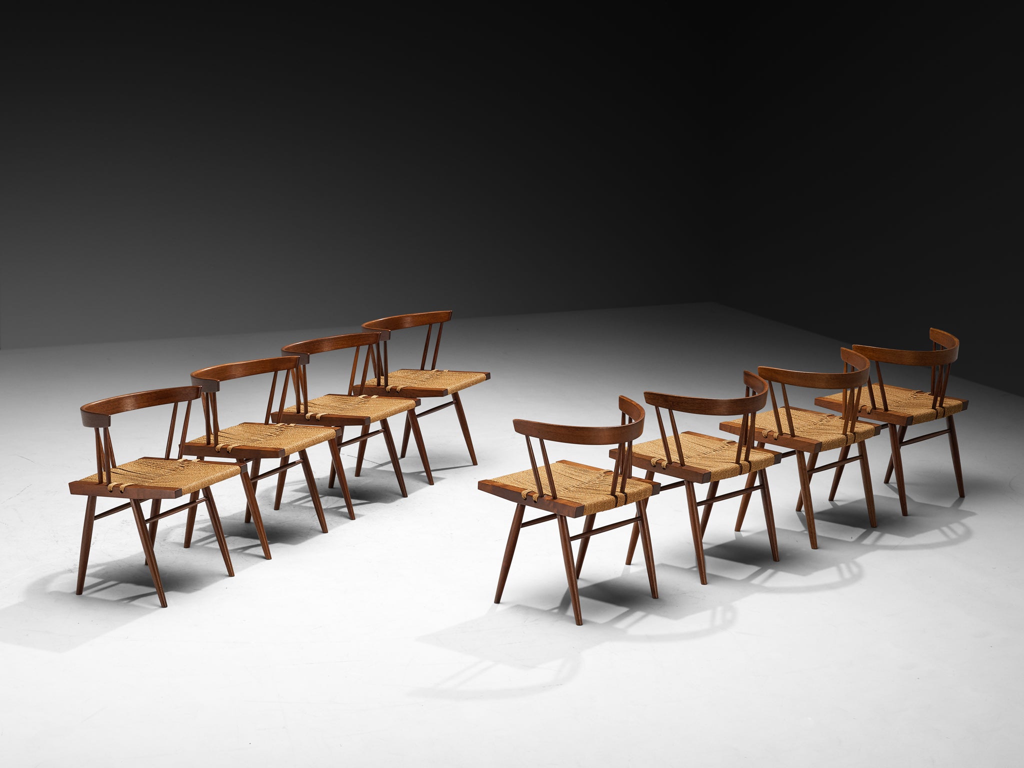Exceptionally Rare Set of Eight George Nakashima 'Grass-seated Chairs' in American Black Walnut Seating Morentz