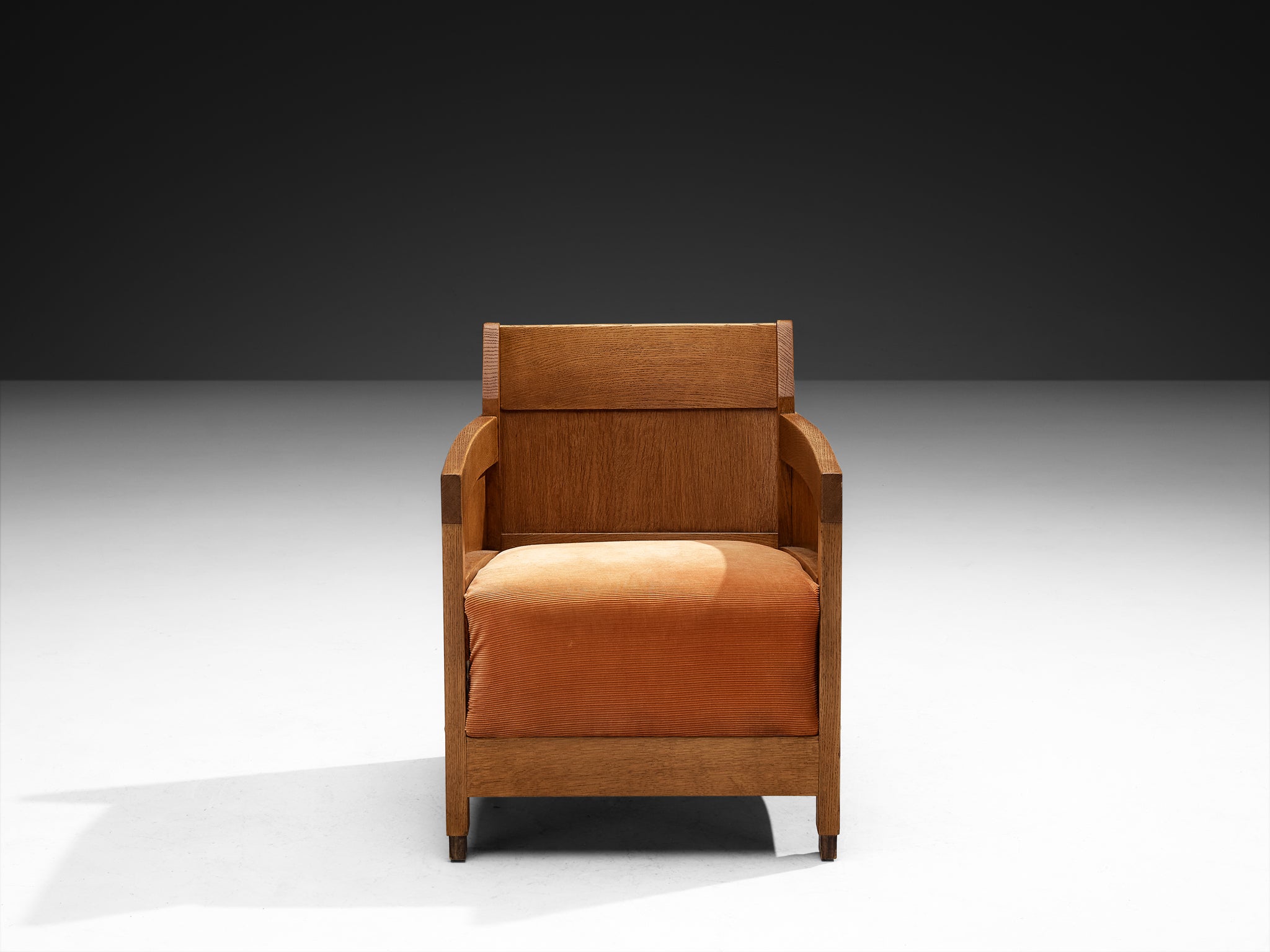 Hague School Dutch Art Deco Lounge Chair in Solid Oak and Orange Corduroy Seating Morentz