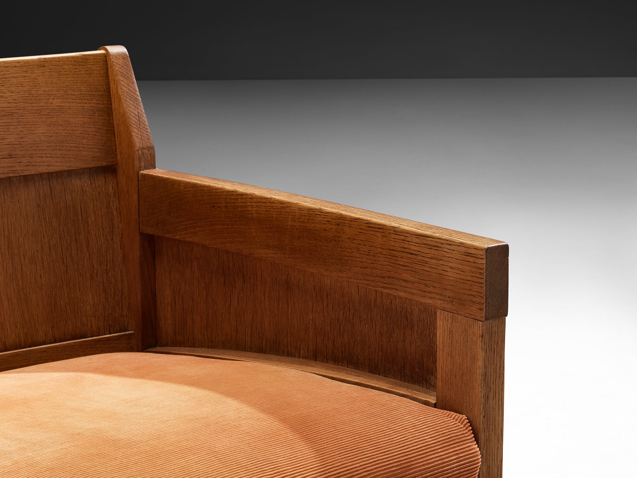 Hague School Dutch Art Deco Lounge Chair in Solid Oak and Orange Corduroy Seating Morentz