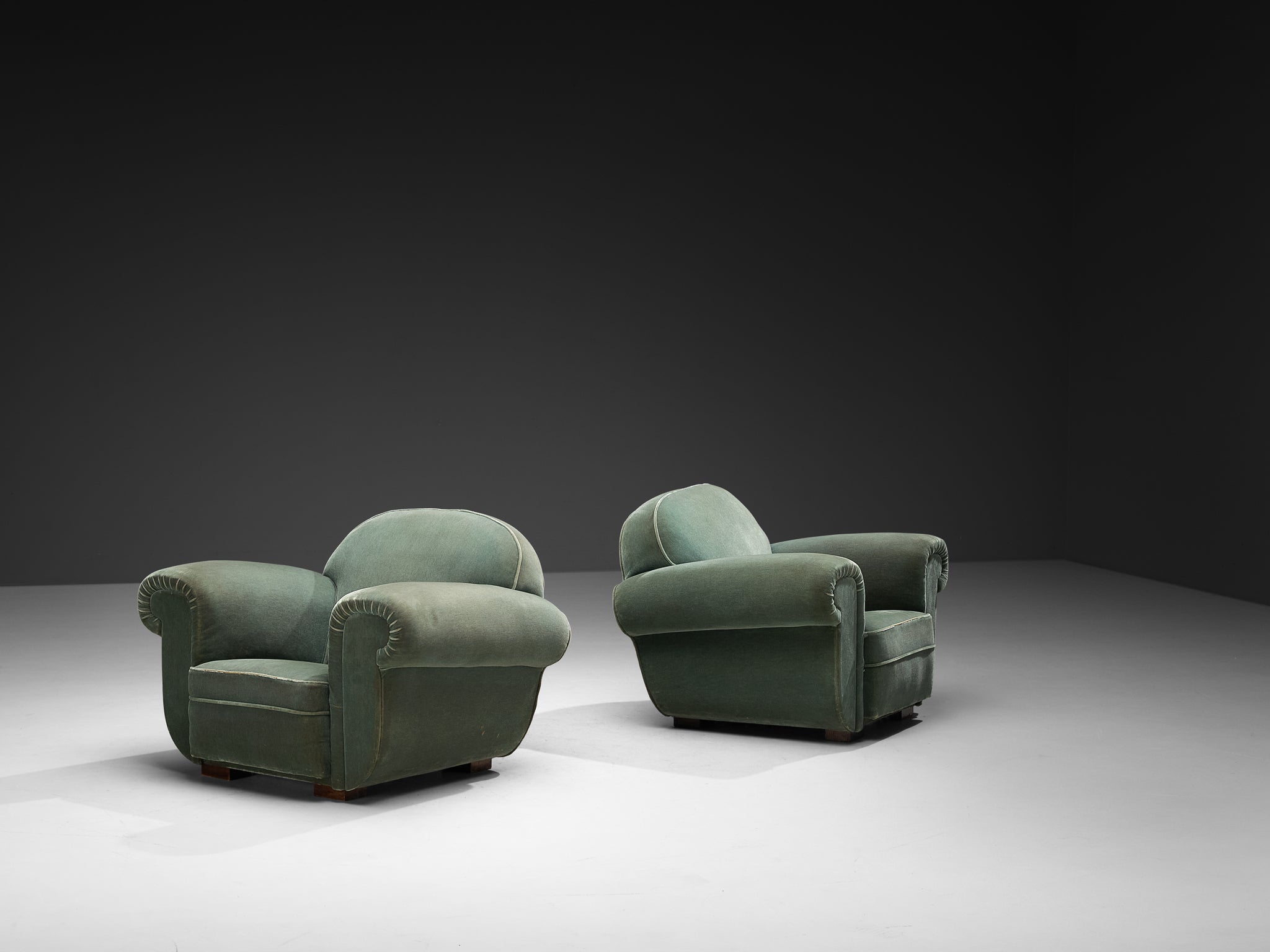 Pair of 1940s French Art Deco Lounge Chairs in Mint Green Velour Seating Morentz