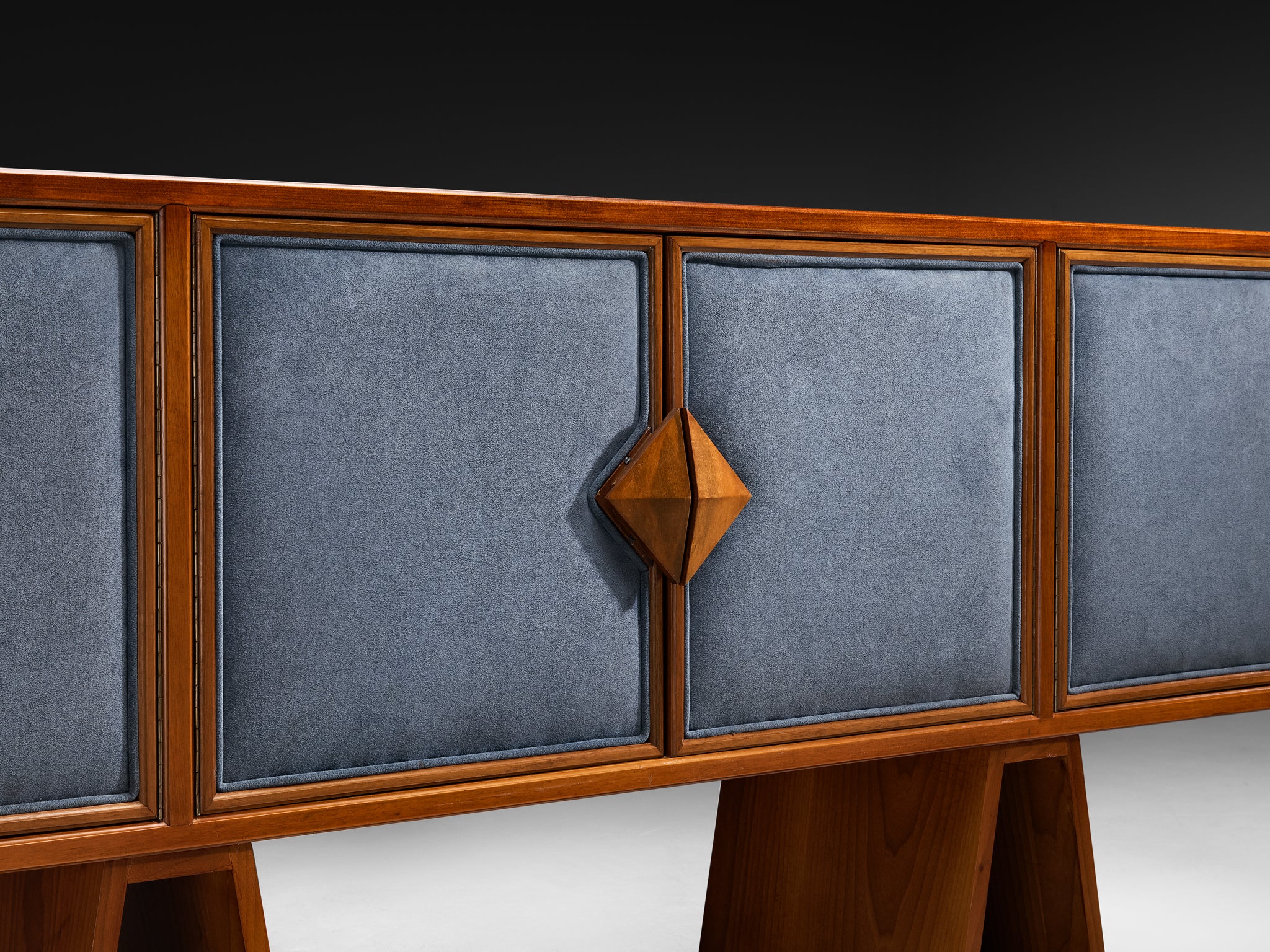 Luxurious Mid-Century Italian Walnut Sideboard with Blue Fabric Doors Case pieces and storage cabinets Morentz