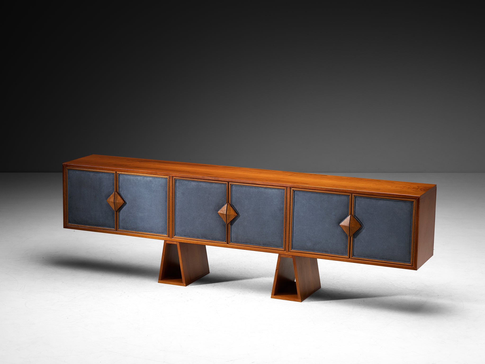 Luxurious Mid-Century Italian Walnut Sideboard with Blue Fabric Doors Case pieces and storage cabinets Morentz
