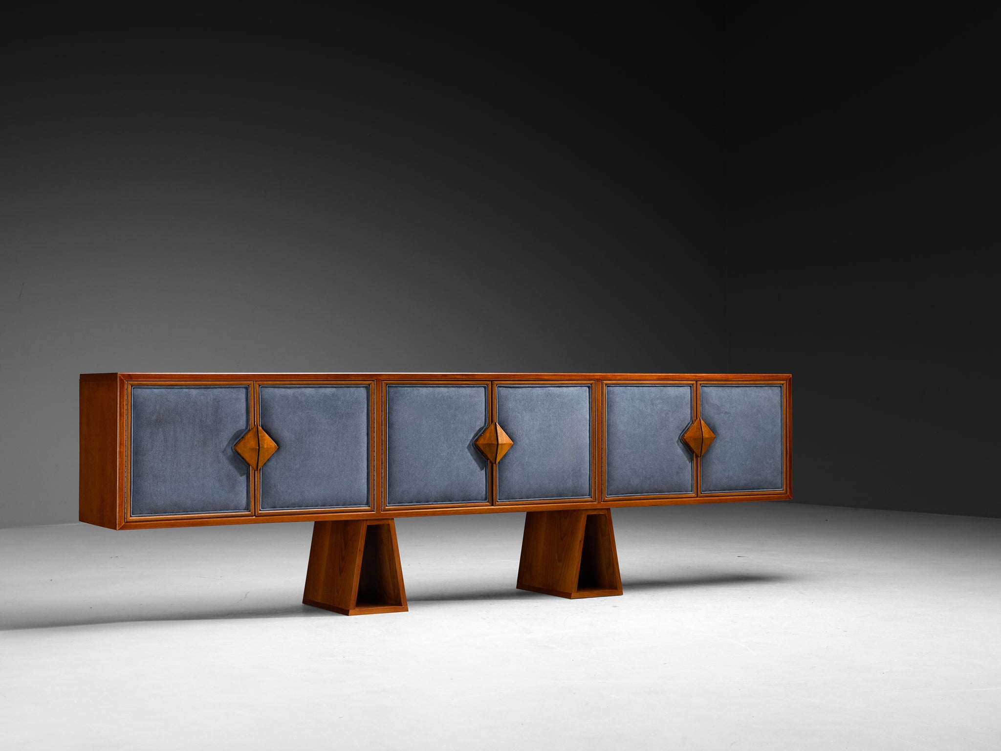 Luxurious Mid-Century Italian Walnut Sideboard with Blue Fabric Doors Case pieces and storage cabinets Morentz