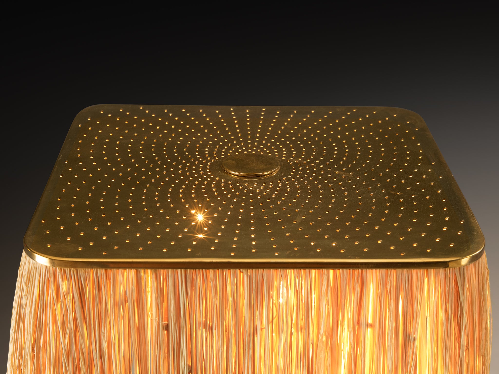 Paavo Tynell for Taito Oy '5066' Table Lamp in Perforated Brass and Straw Lighting Morentz