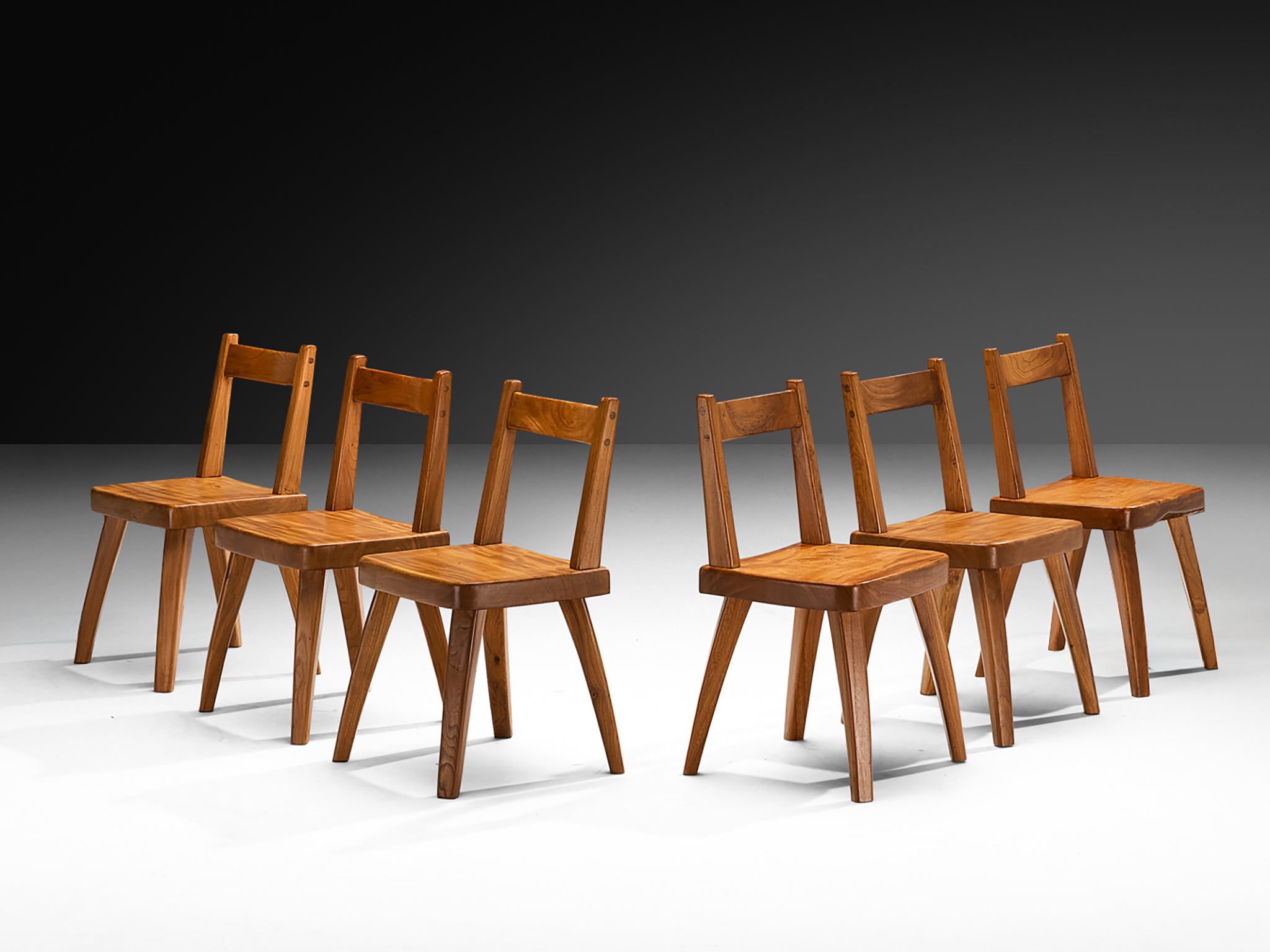 Set of Six French Naturalistic Dining Chairs in Solid Elm Seating Morentz