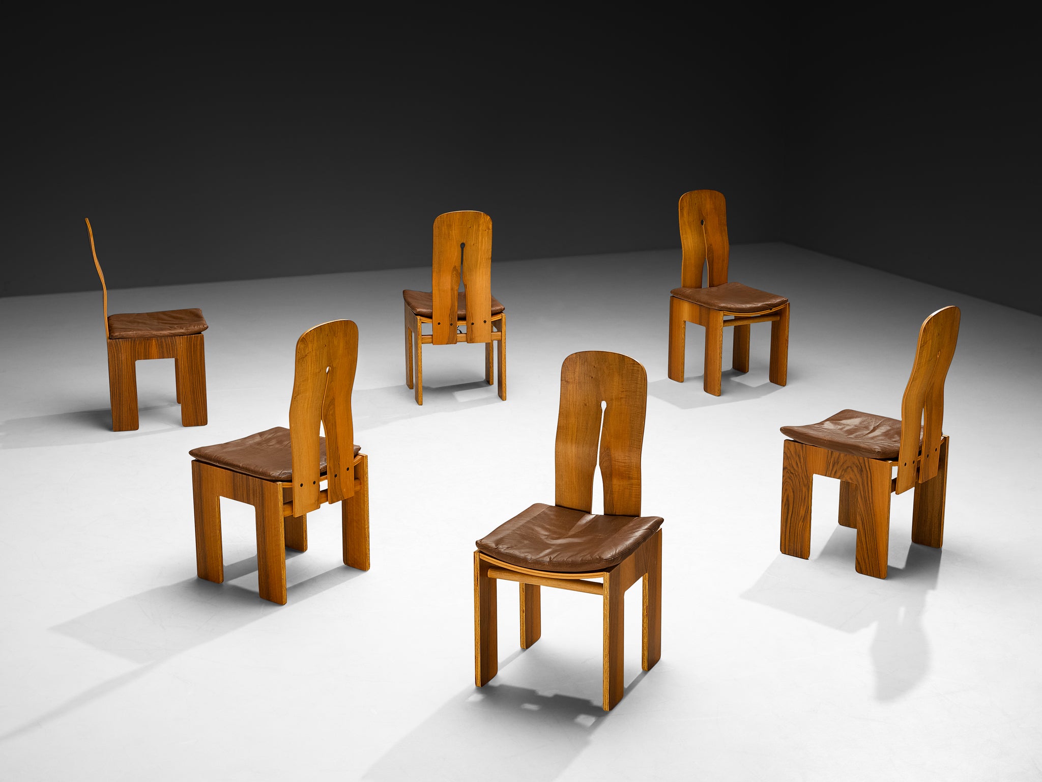 Carlo Scarpa for Bernini Set of Six Dining Chairs in Walnut and Brown Leather