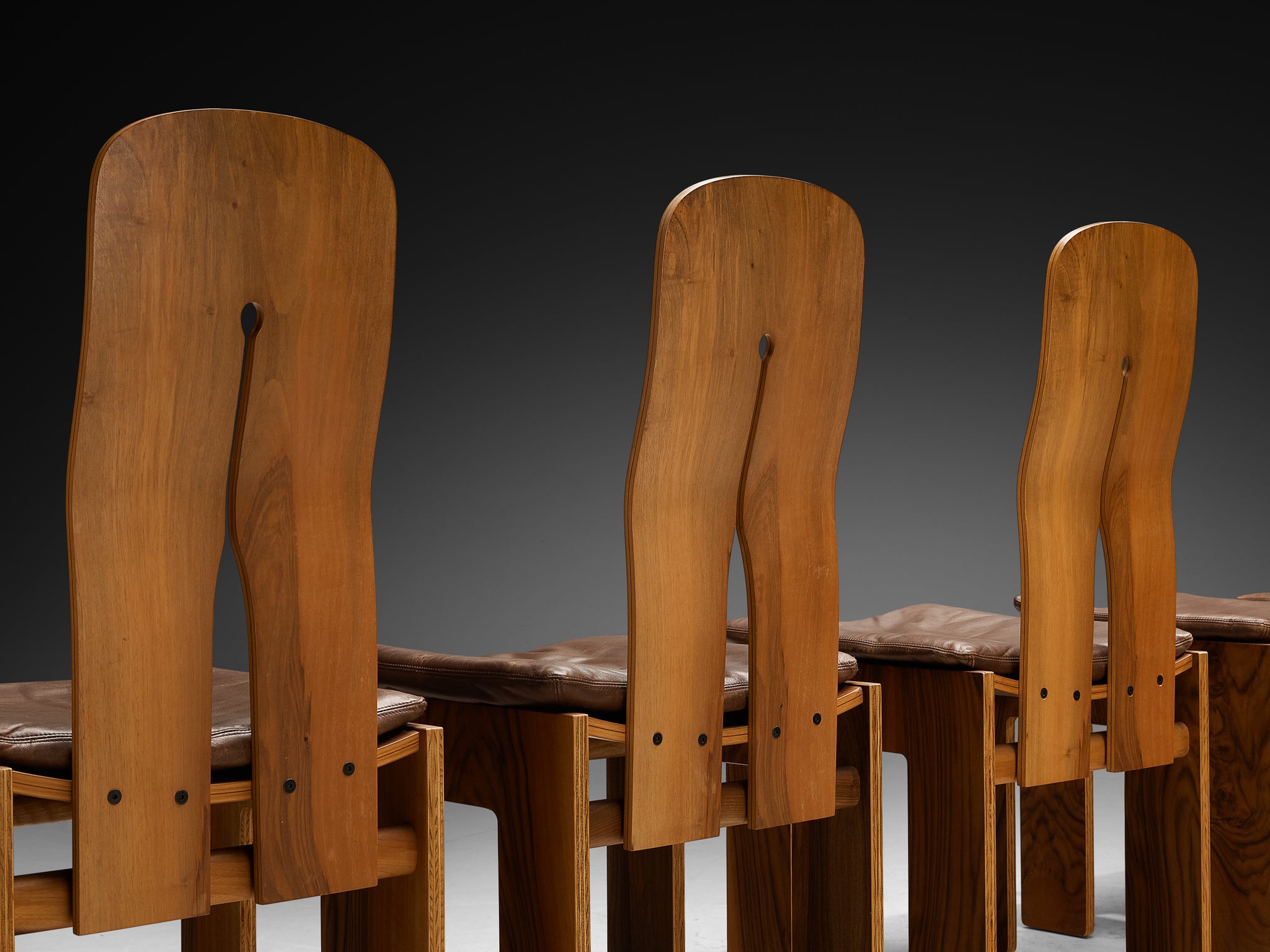 Carlo Scarpa for Bernini Set of Six Dining Chairs in Walnut and Brown Leather