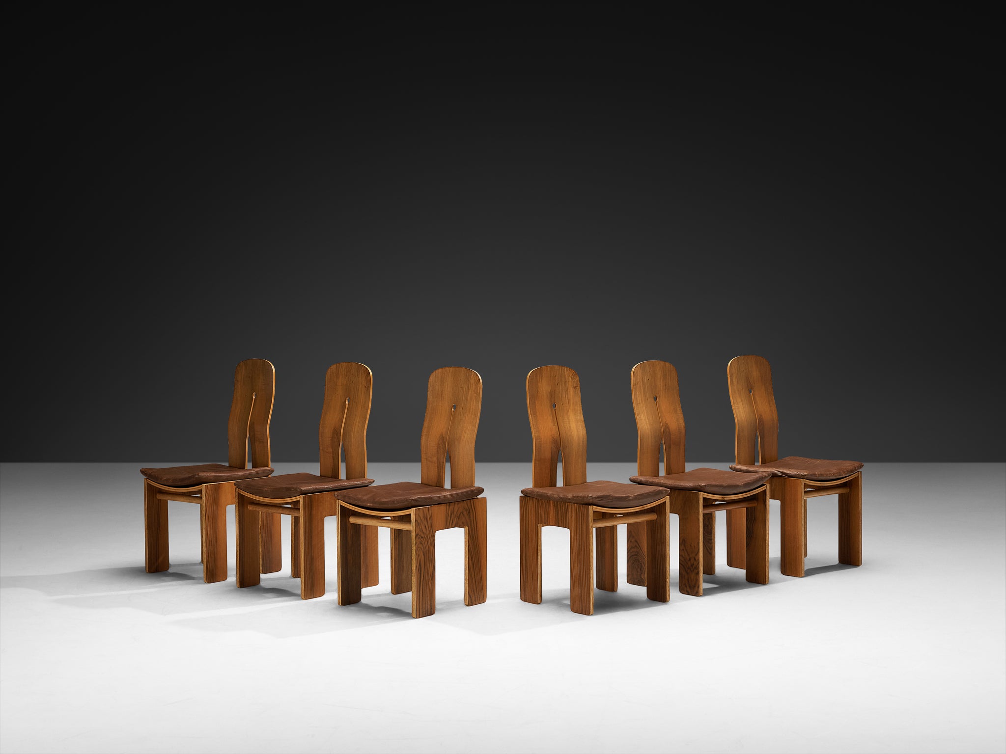 Carlo Scarpa for Bernini Set of Six Dining Chairs in Walnut and Brown Leather