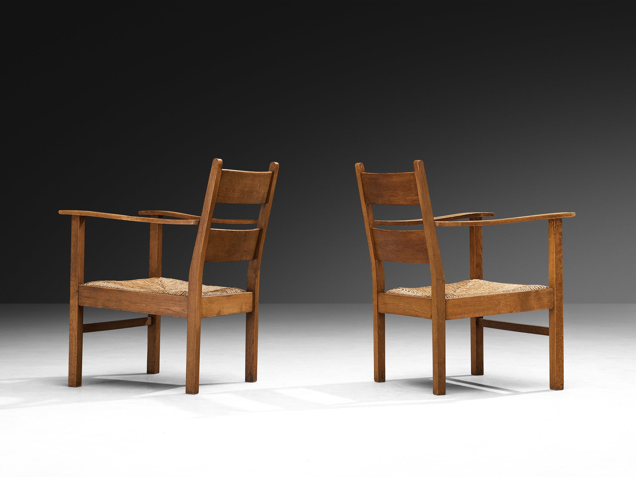 Pair of Dutch Rustic Armchairs in Solid Oak and Straw Seating Morentz
